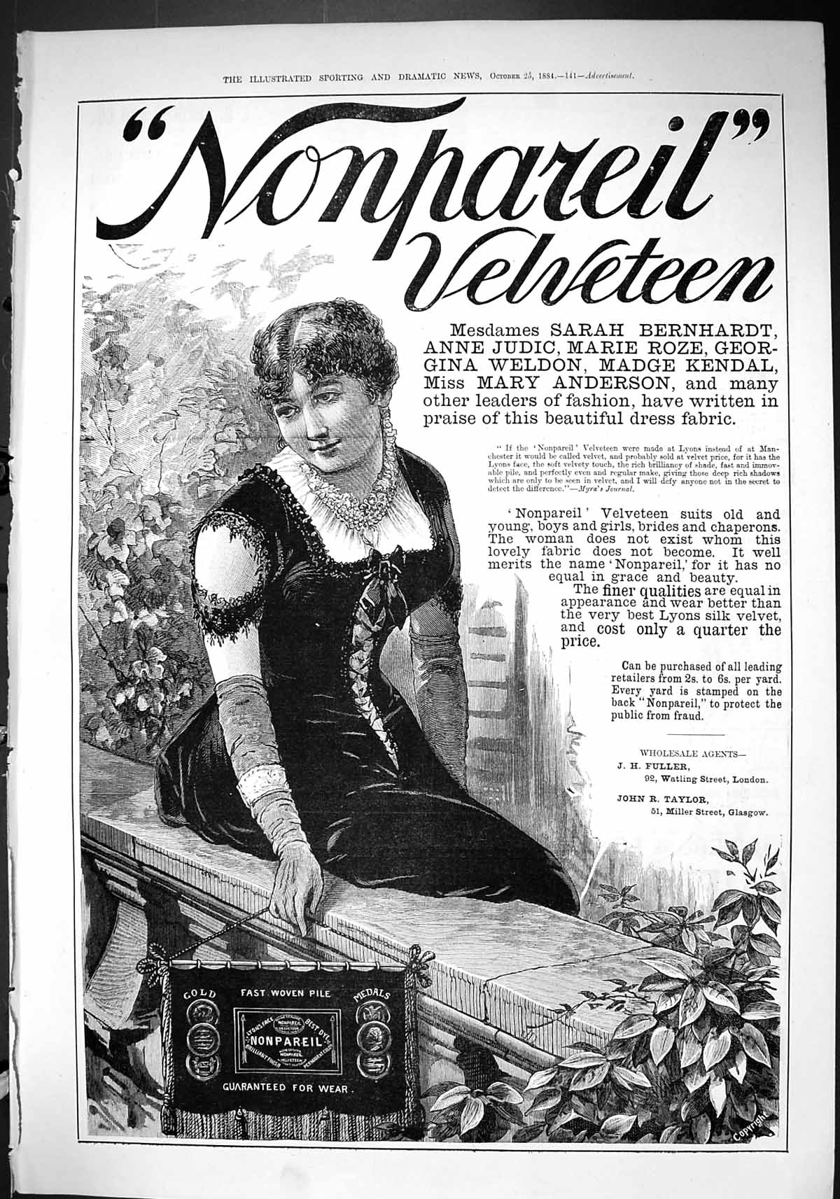 Old 1884 Advertisement Nonpareil Velveteen Fuller Taylor Fast Woven P Victorian