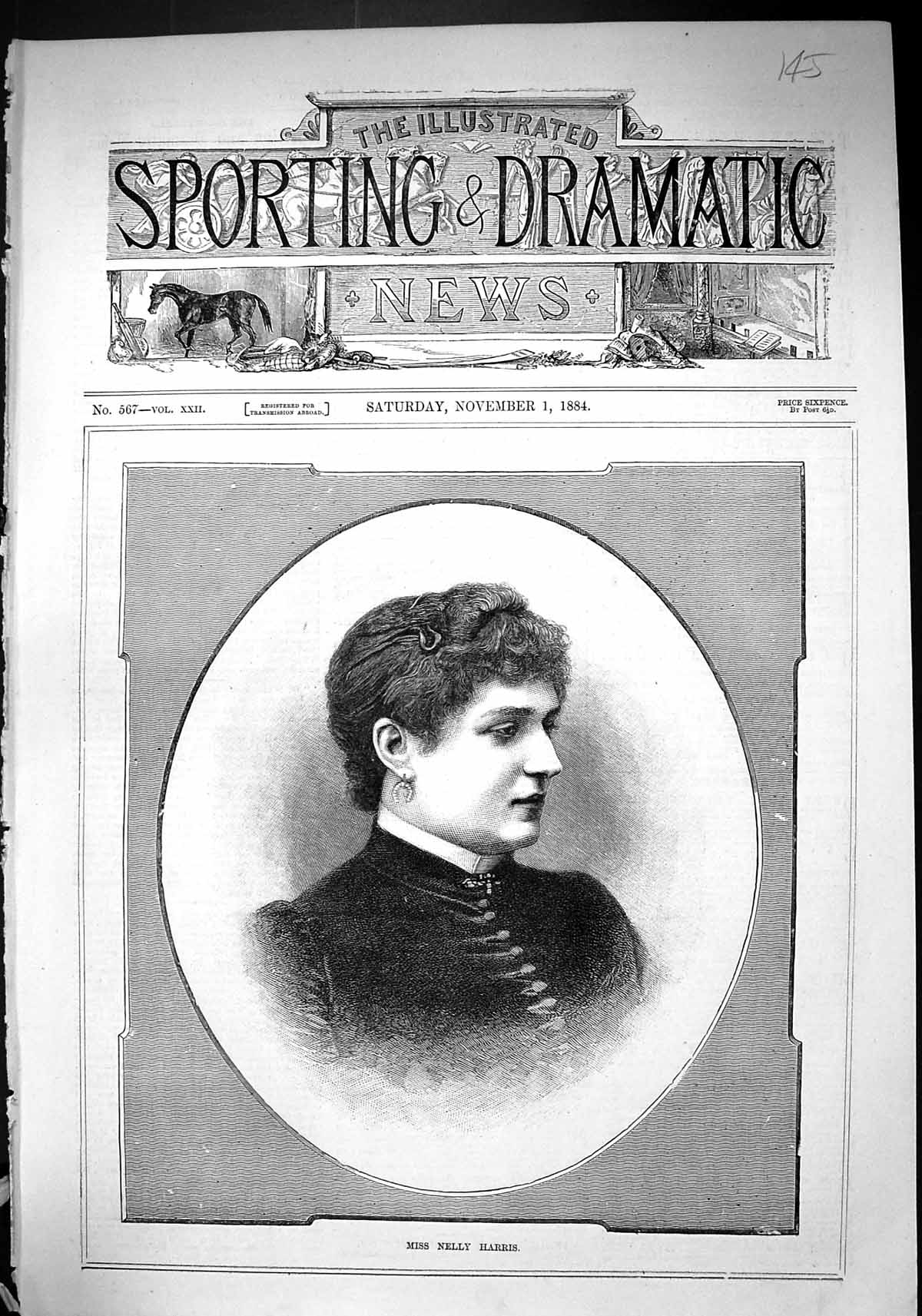 Original Old Antique Print 1884 Portrait Miss Nelly Harris Beautiful Woman 19th