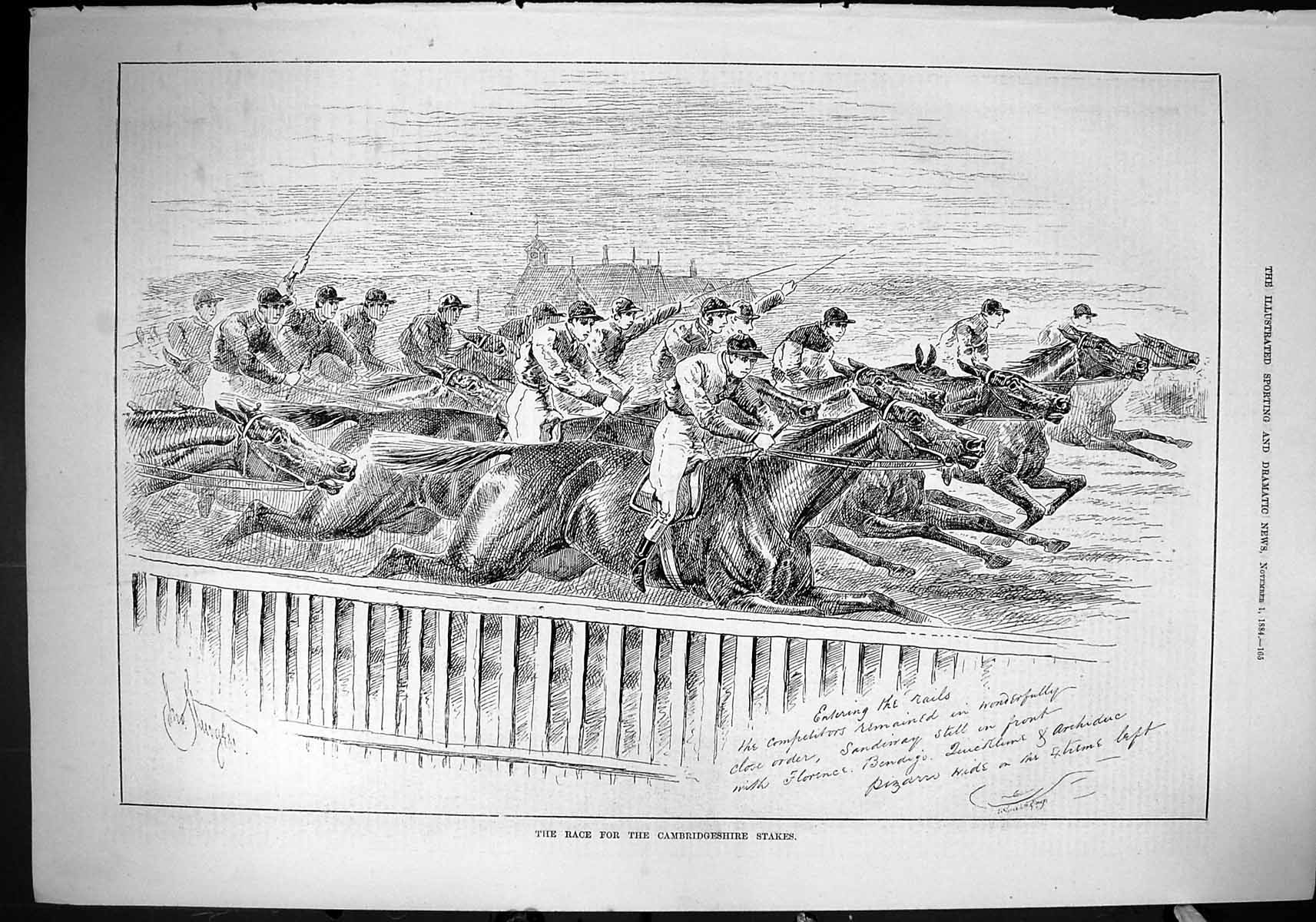 Original Old Antique Print 1884 Horses Racing Cambridge Stakes Jockeys Sport