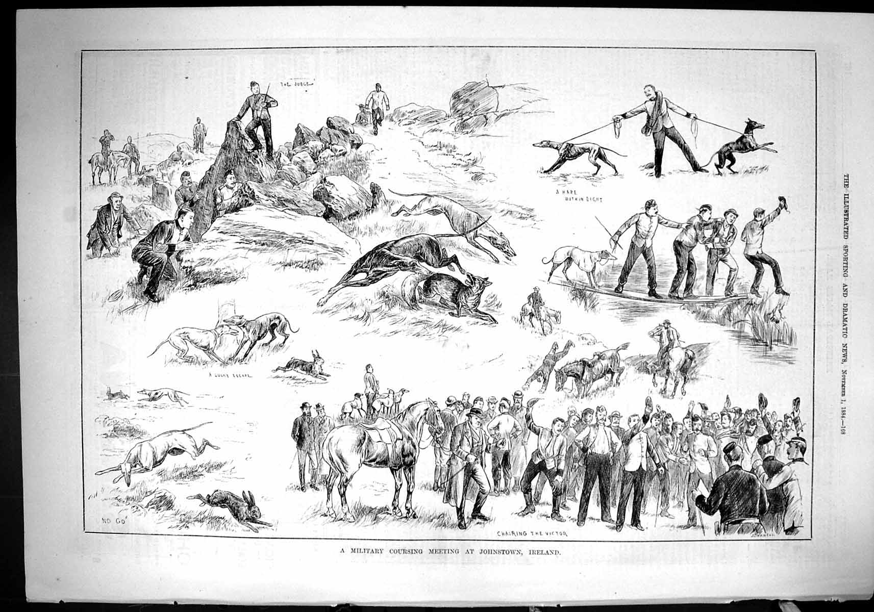 Old 1884 Military Hare Coursing Meeting Johnstown Ireland Hounds Dogs Victorian