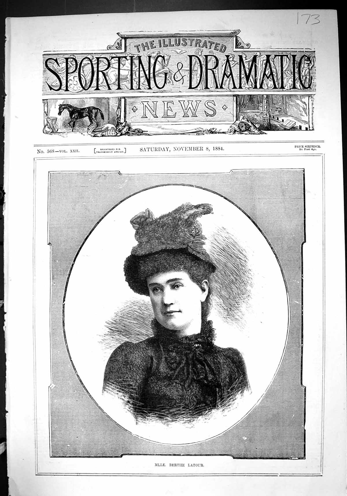 Original Old Antique Print 1884 Portrait Mlle. Berthe Latour Beautiful Woman
