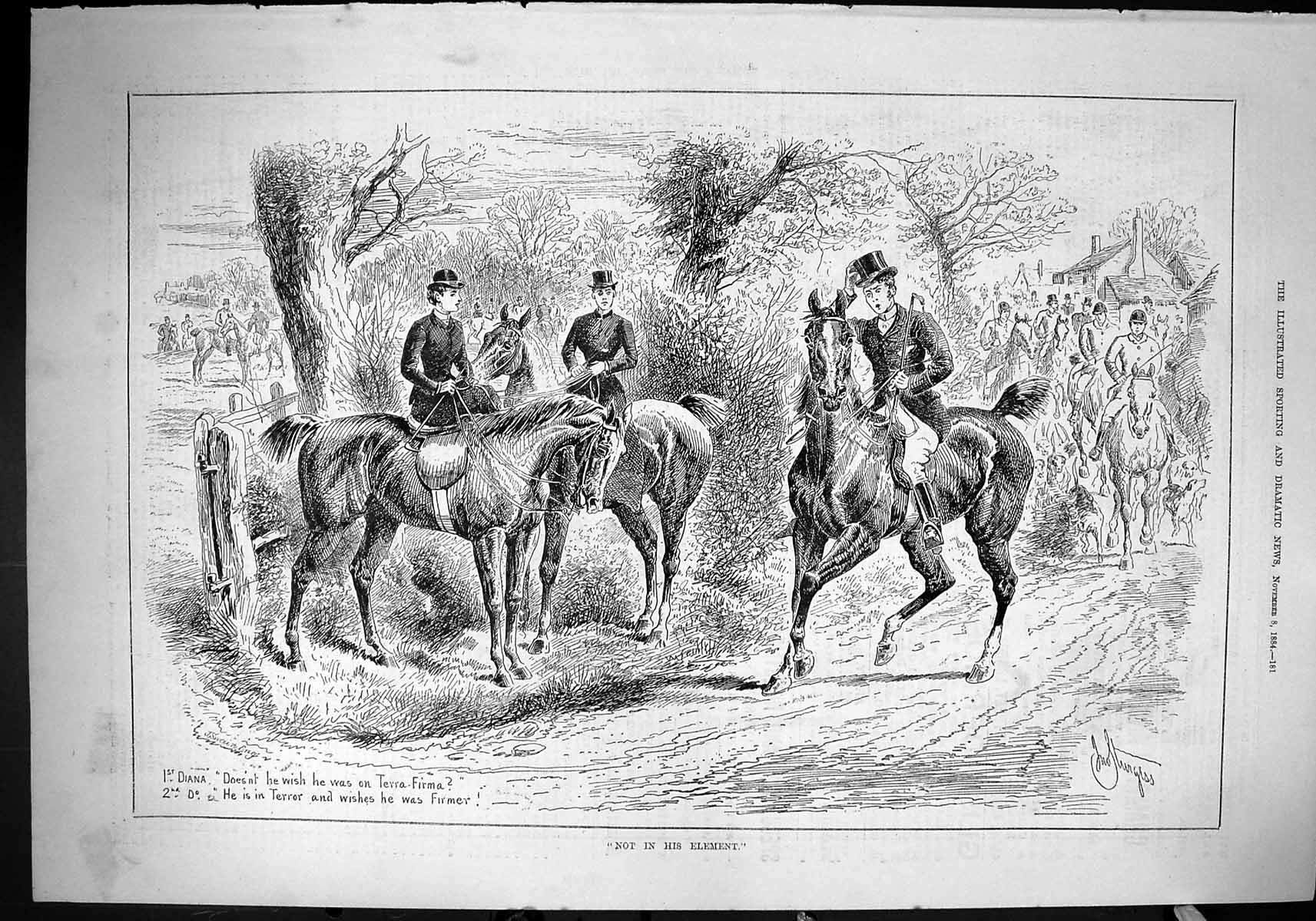 Antique Print 1884 Hunting Horses Huntsmen Ladies Sport Diana Hounds Sketch
