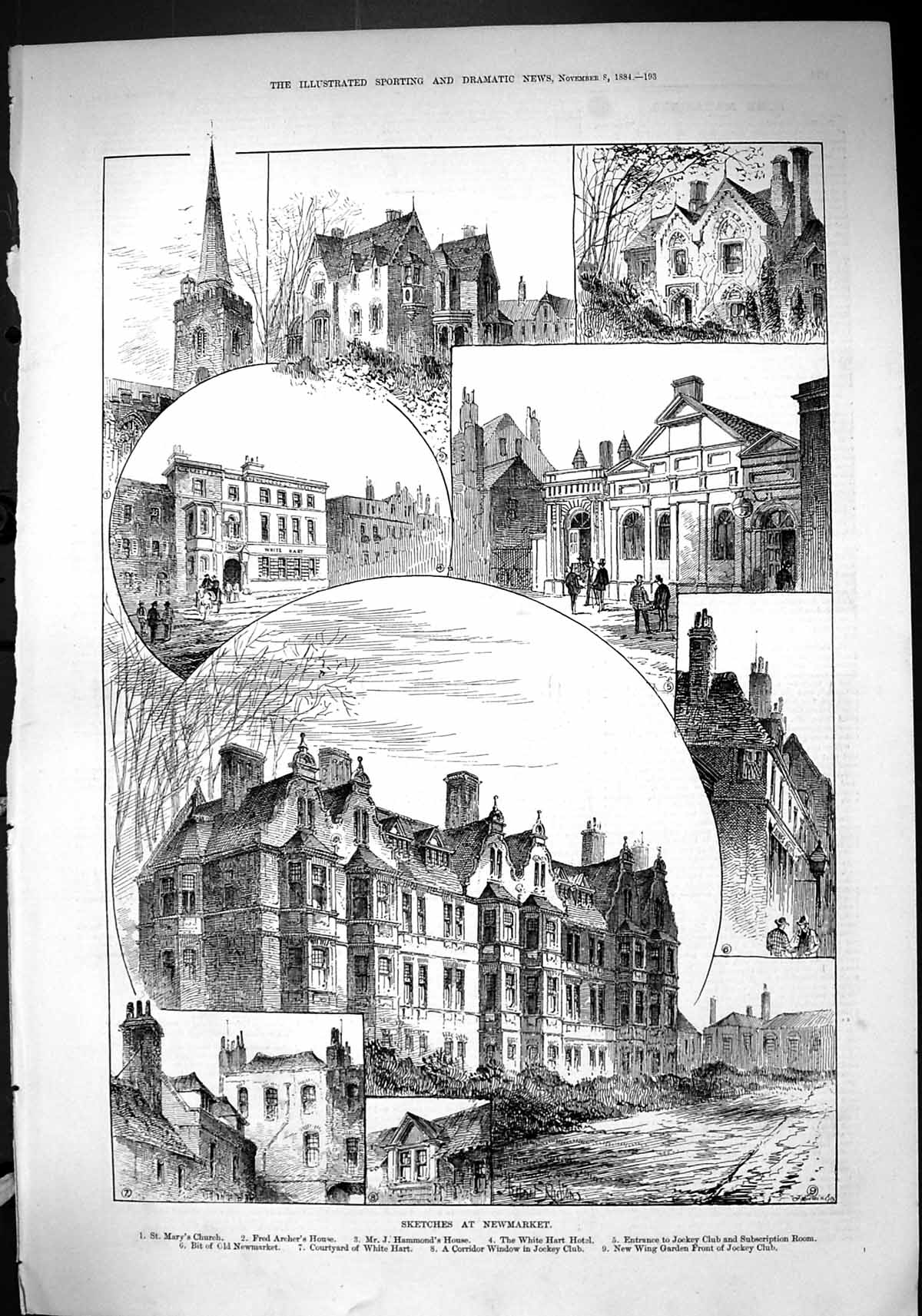 Old 1884 Newmarket Mary'S Church Hammond House Jockey Club White Hart Victorian