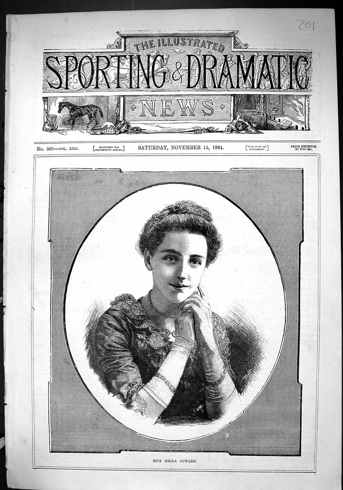 Original Old Antique Print 1884 Portrait Miss Hilda Coward Beautiful Woman 19th