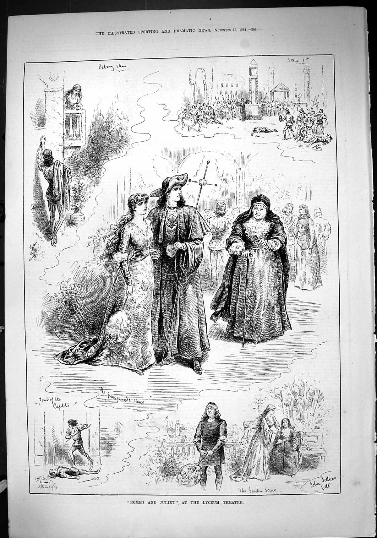 Antique Old Print 1884 Romeo Juliet Lyceum Theatre Tomb Capulets Actors Scene