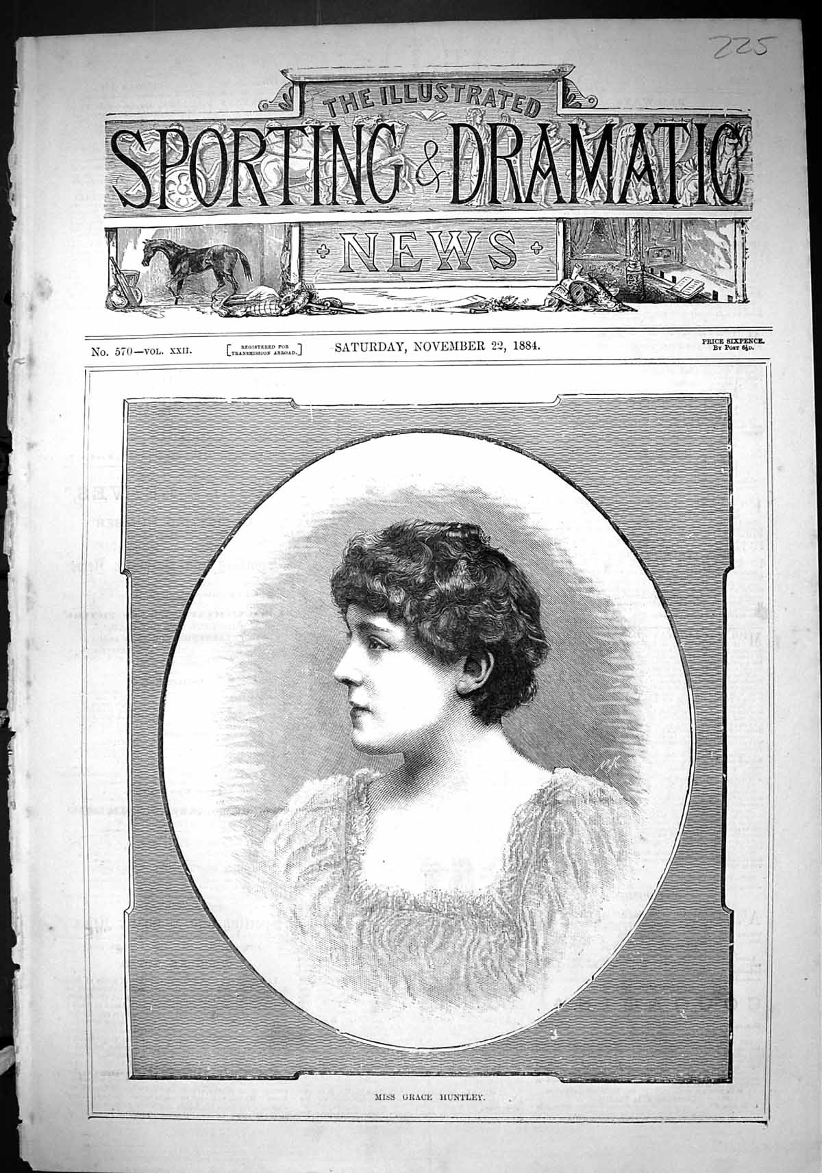 Original Old Antique Print 1884 Portrait Miss Grace Huntley Beautiful Woman