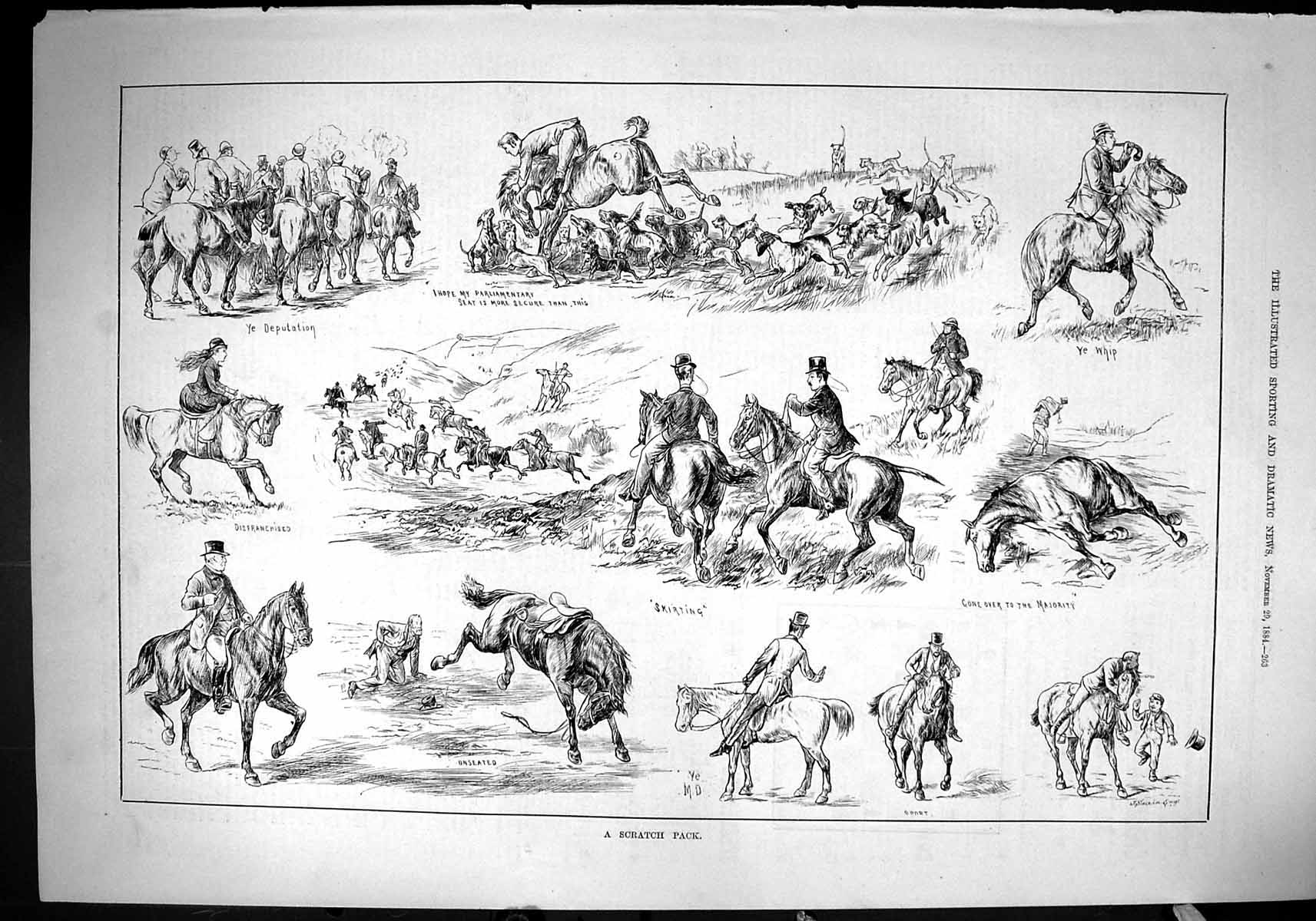 Antique Old Print 1884 Scratch Pack Hounds Dogs Horses Sport Hunting Swain 19th
