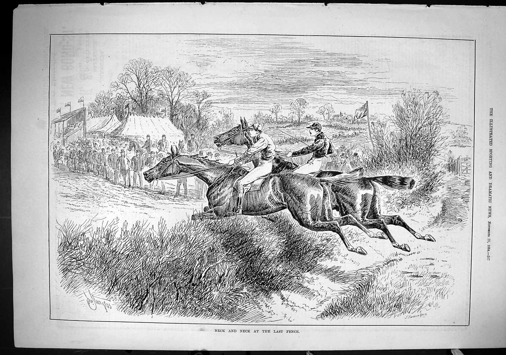 Original Old Antique Print 1884 Horses Jumping Jockeys Sport Steeplechase Swain