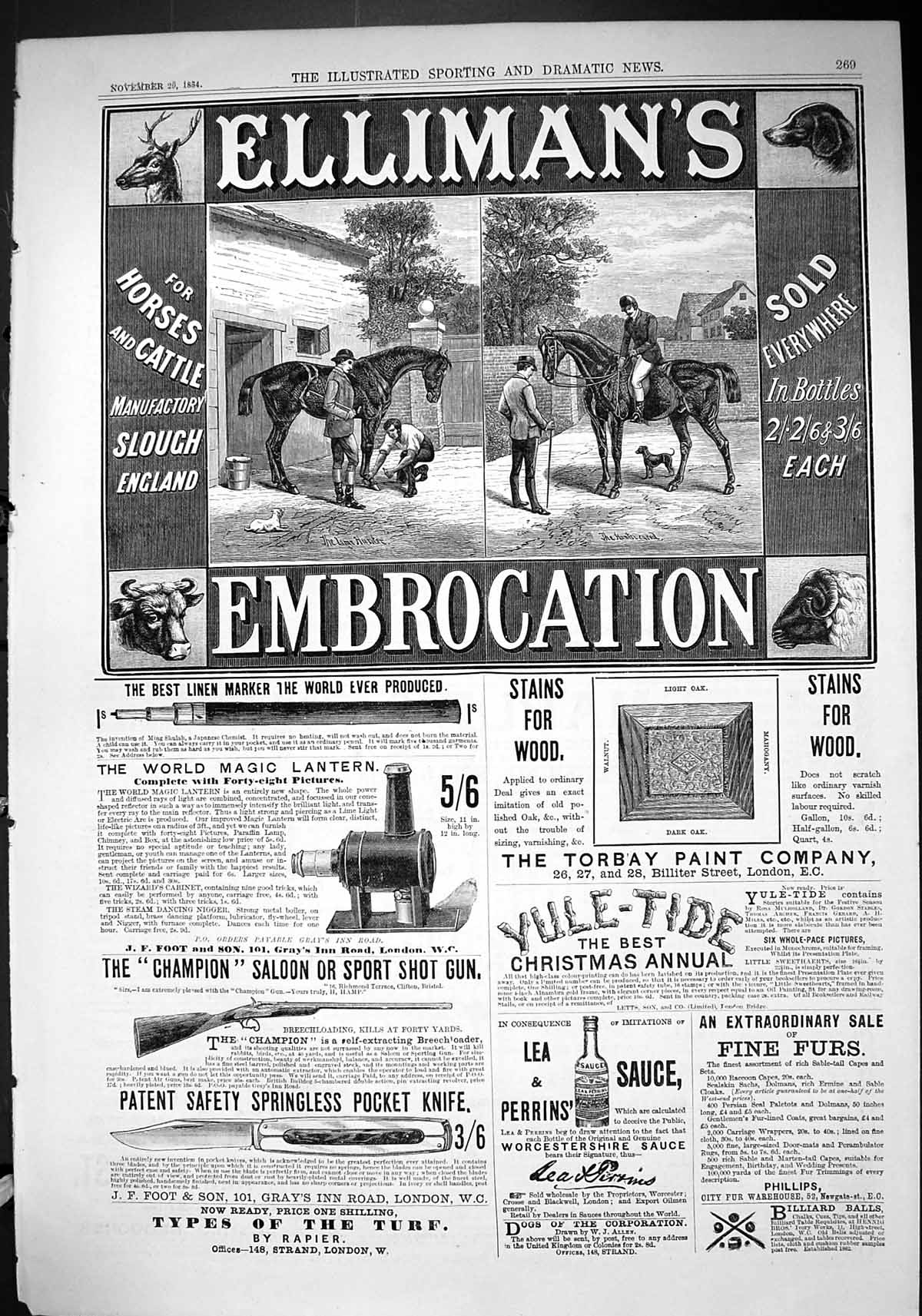 Old Print 1884 Ellimans Embrocation Magic Lantern Lea Perrins Sauce Furs 19th
