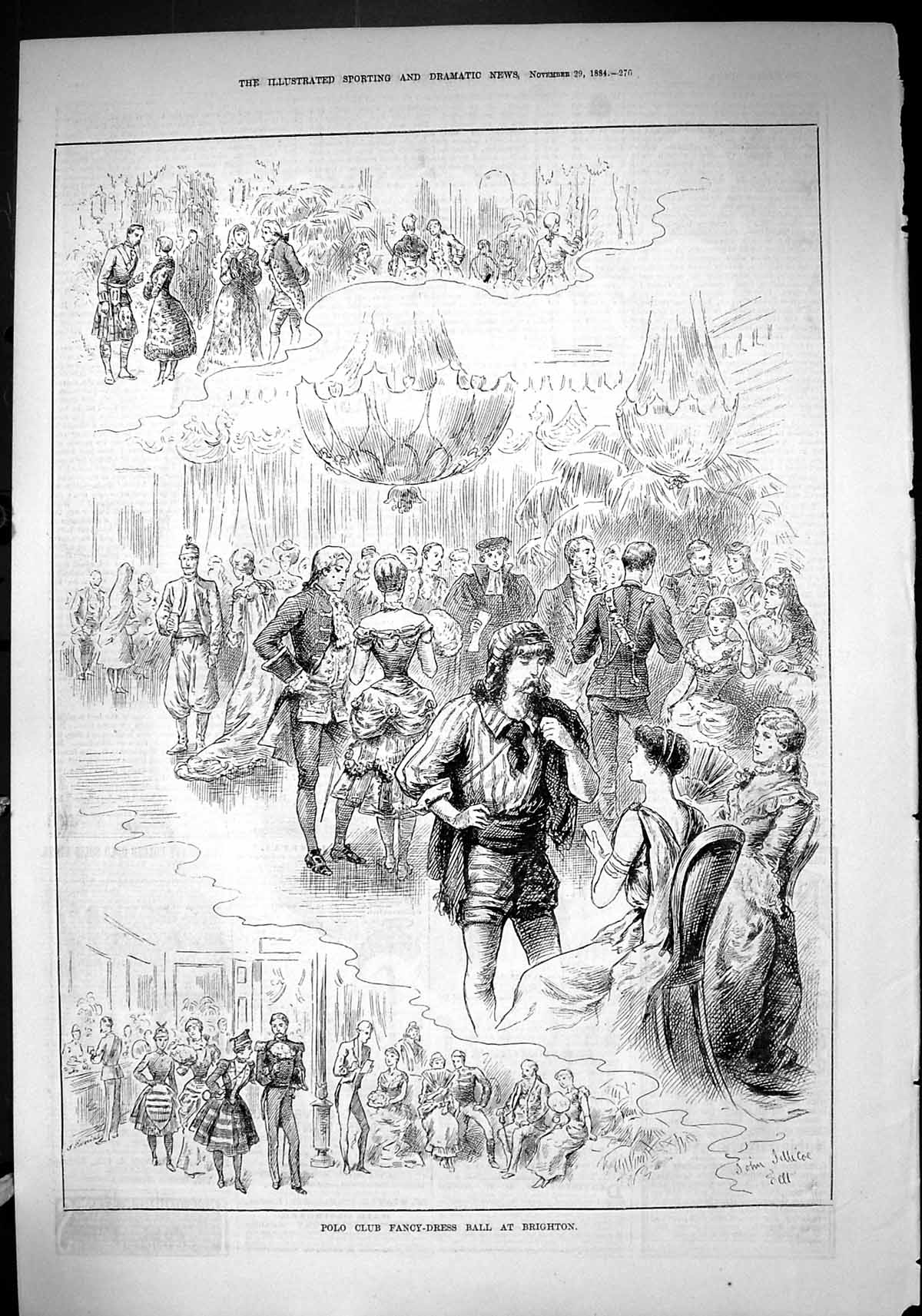 Original Old Antique Print 1884 Polo Club Fancy Dress Ball Brighton Costumes