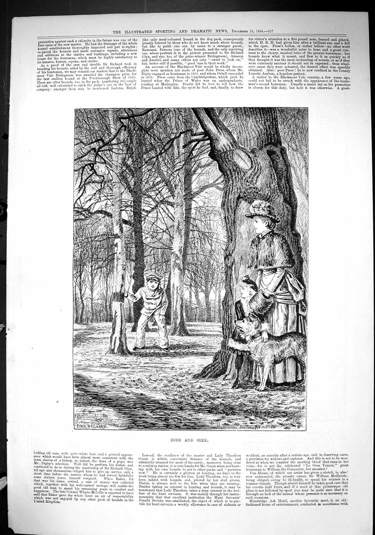 Antique Old Print 1884 Hide Seek Children Playing Forest Woman Dog Hallward