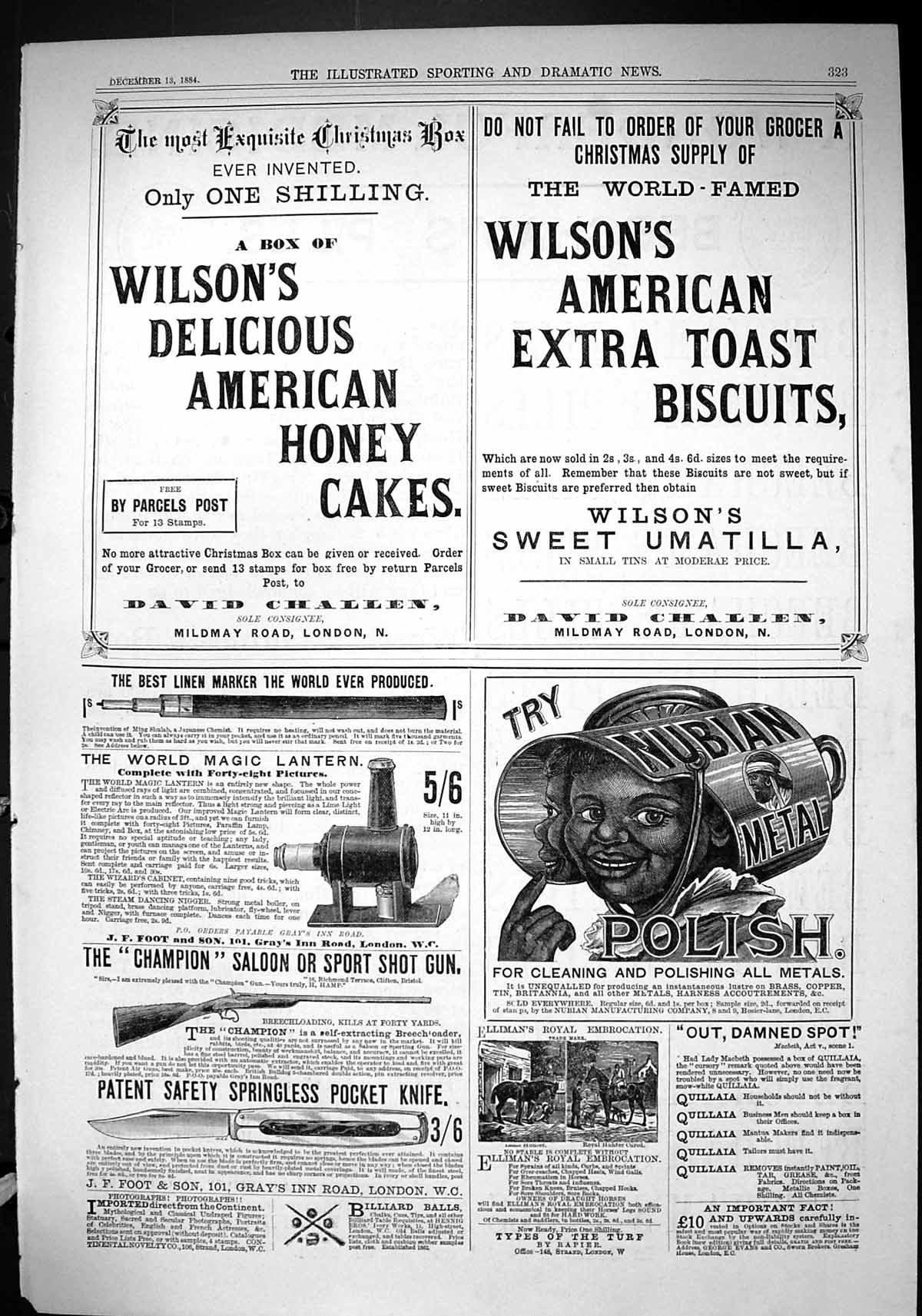 Old Print 1884 Wilson'S Cakes Biscuits Nubian Polish Lantern Champion Gun 19th