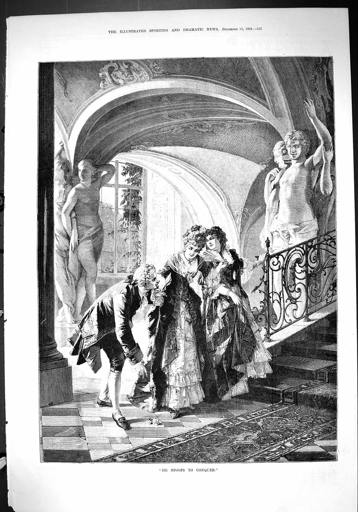 Old Antique Print 1884 He Stoops To Conquer Man Ladies Romance Sculpture 19th