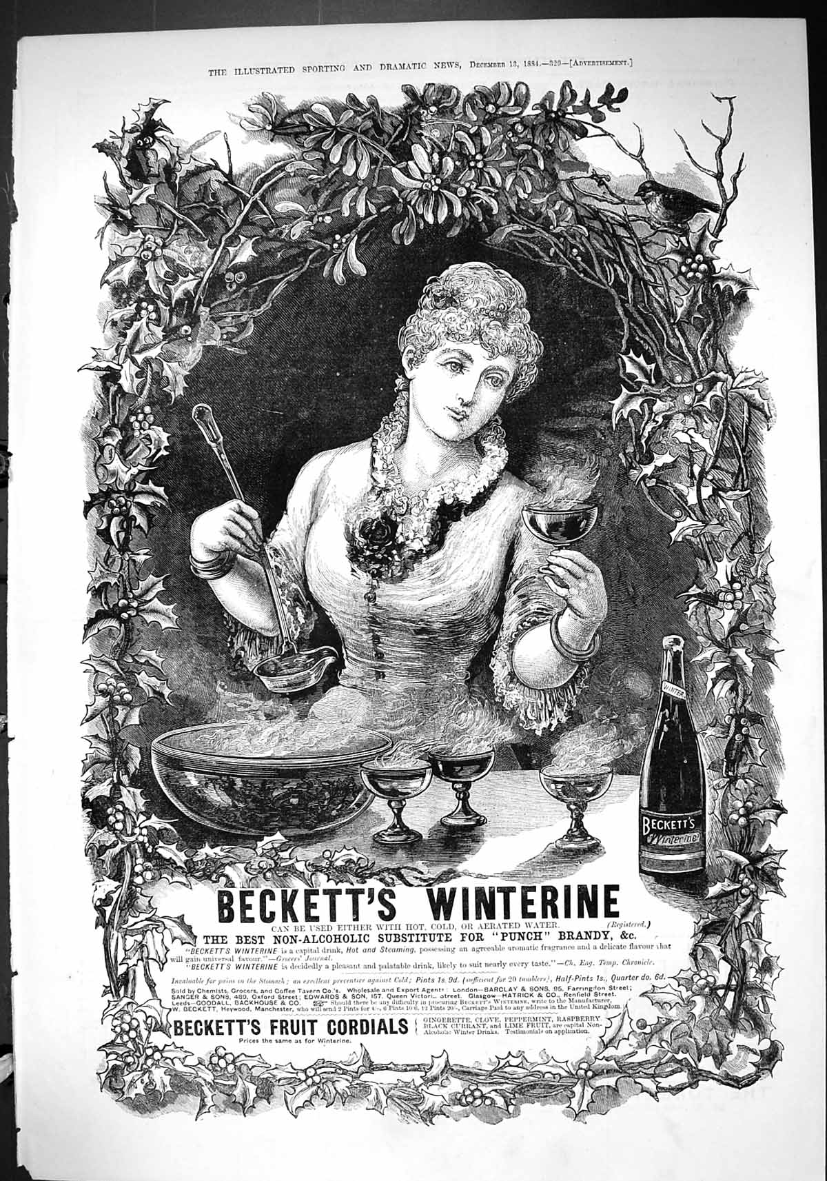 Antique Old Print 1884 Beckett'S Winterine Fruit Cordials Non-Alcoholic Drink