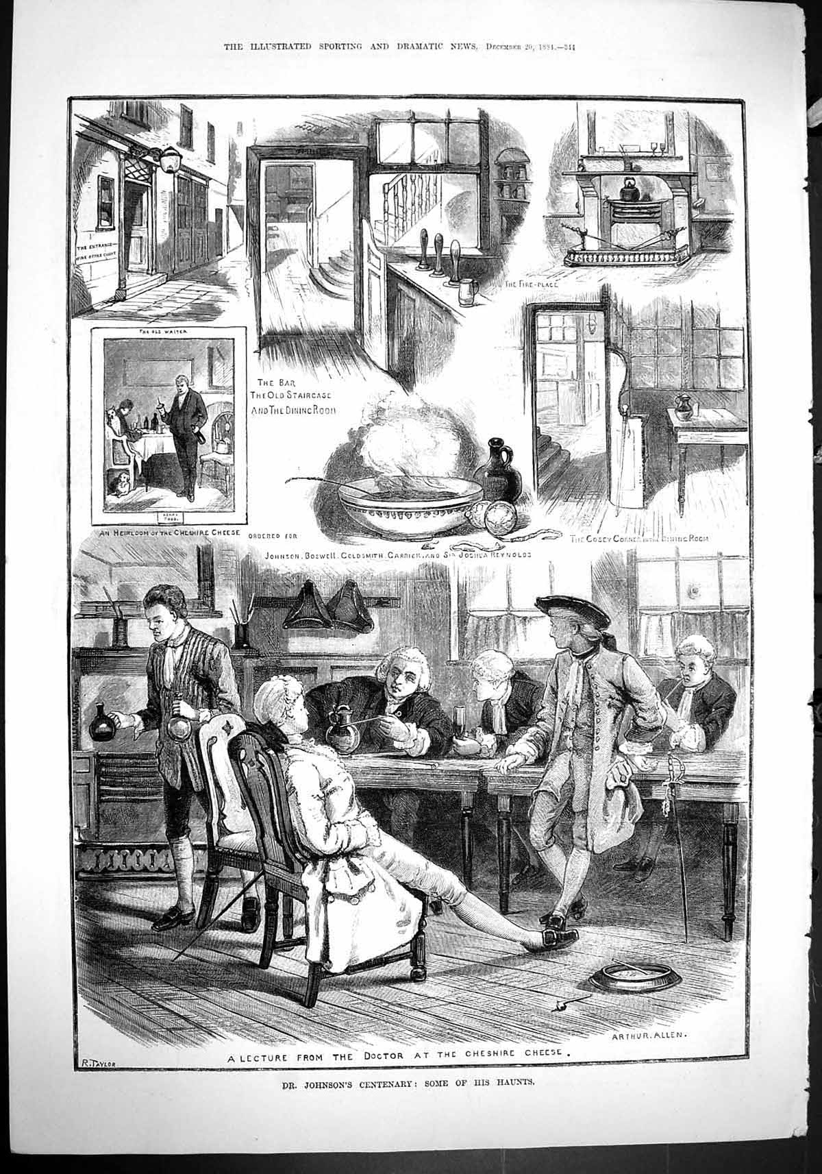 Old Print 1884 Dr. Johnson Centenary Boswell Gsmith Garrick Joshua Reyno 19th
