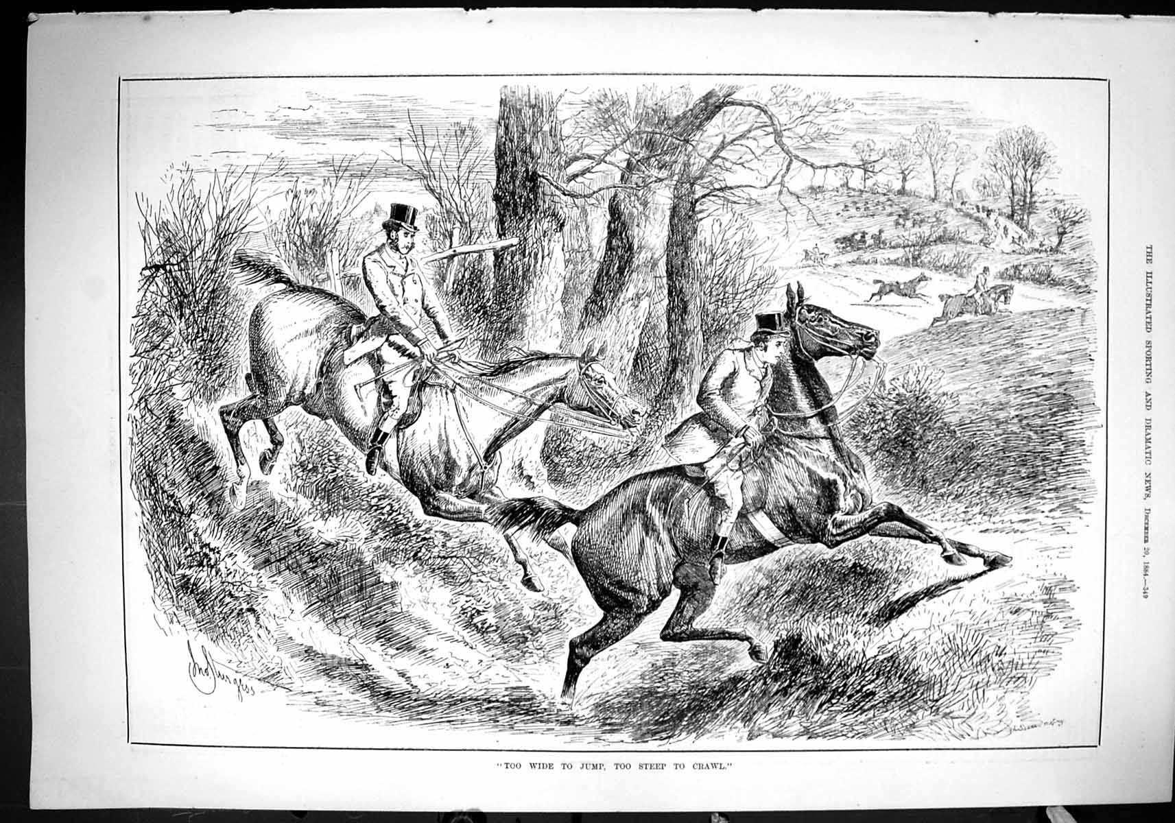 Antique Old Print 1884 Horses Hunting Sport Jumping Fences Countryside Swain