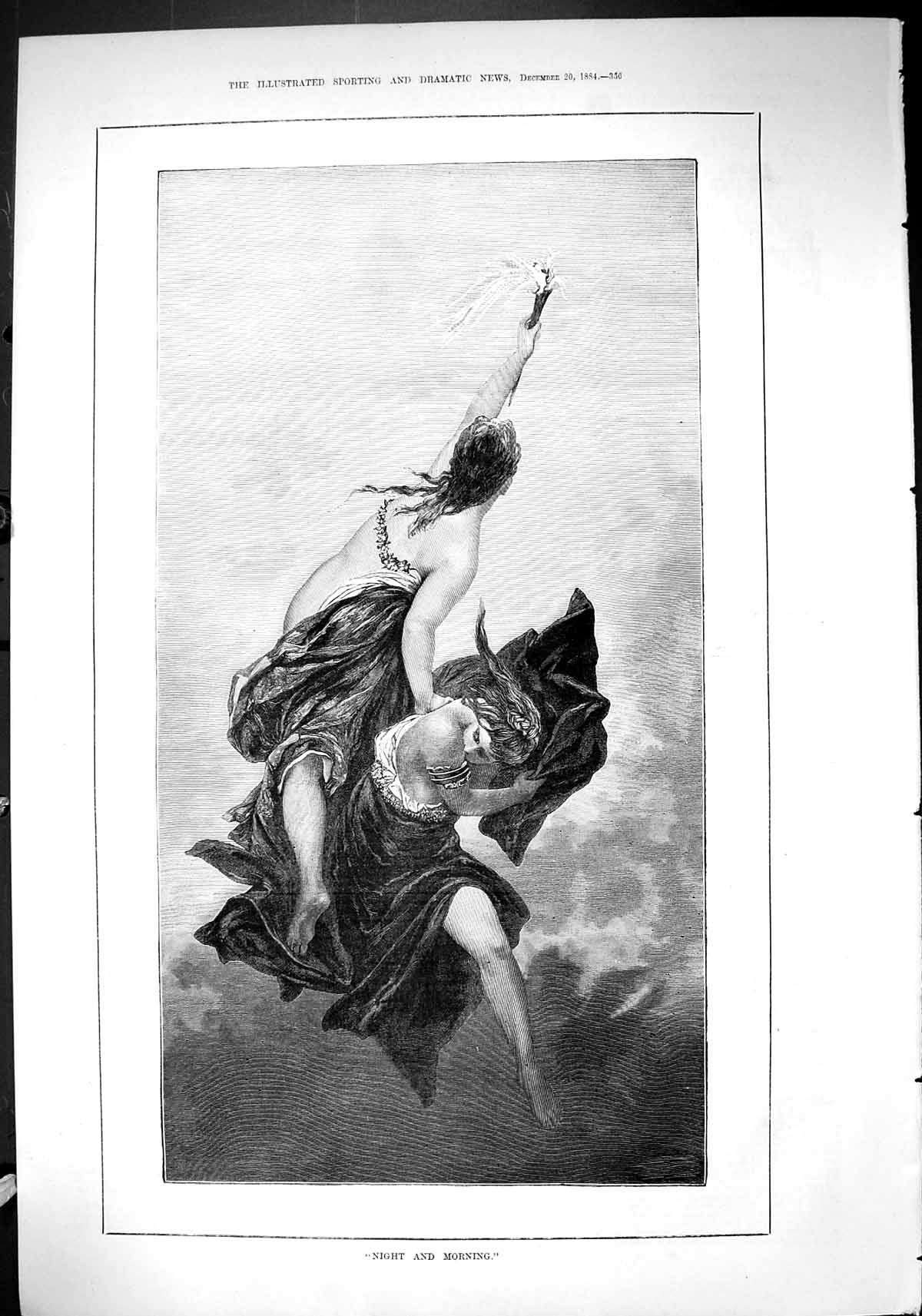 Original Old Antique Print 884 Night Morning Beautiful Angels Flying