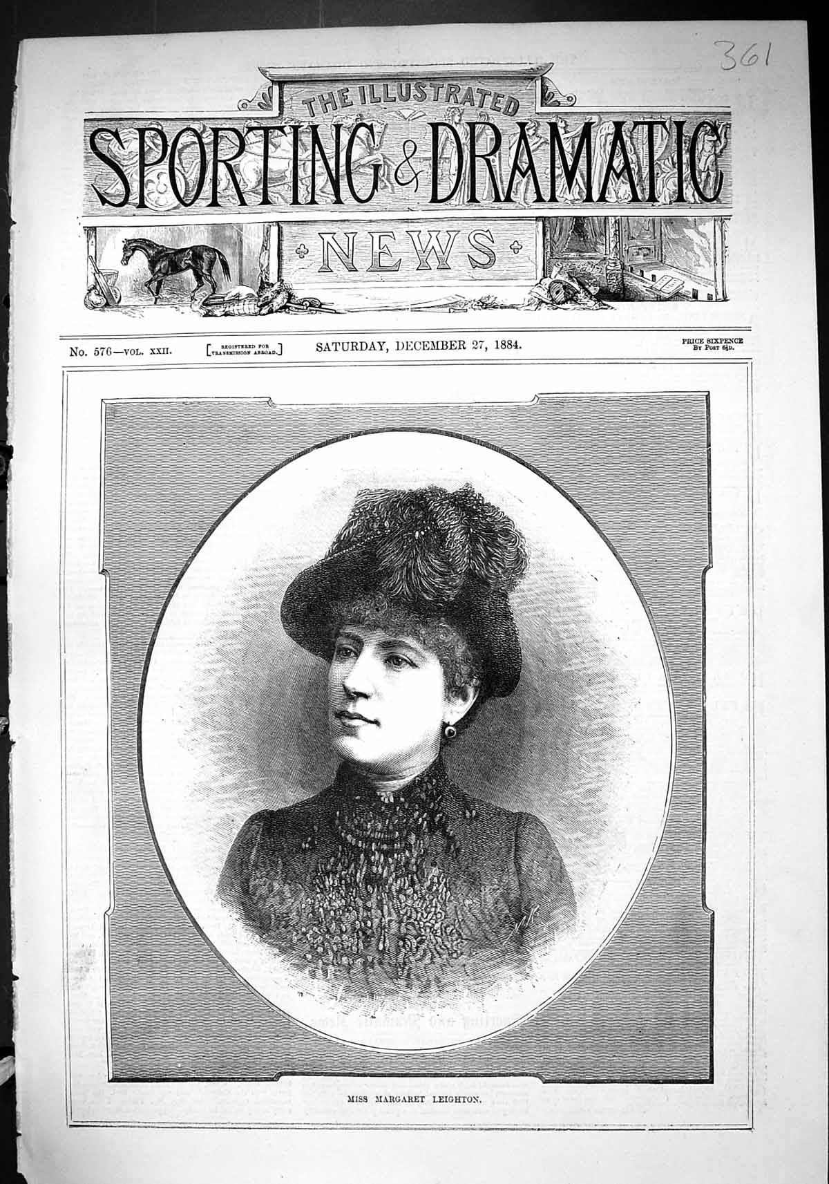 Original Old Antique Print 1884 Portrait Miss Margaret Leighton Beautiful Lady