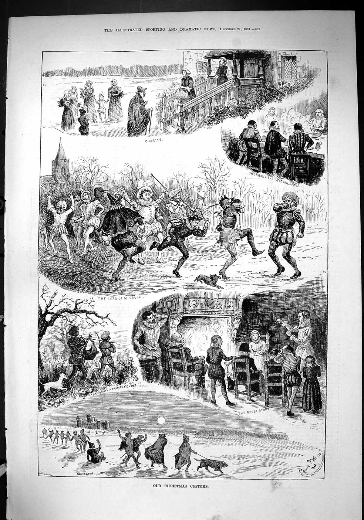 Antique Print 1884 Christmas Customs Charity Family Home Wassail Bowl Ghost