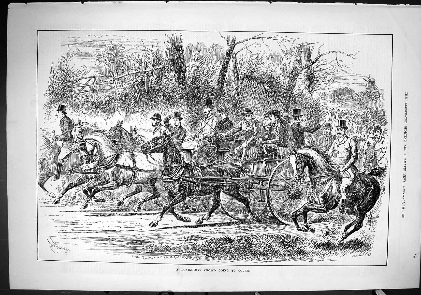 Old 1884 Boxing-Day Crowd Going Cover Horses Hunting Coaches Transpor Victorian