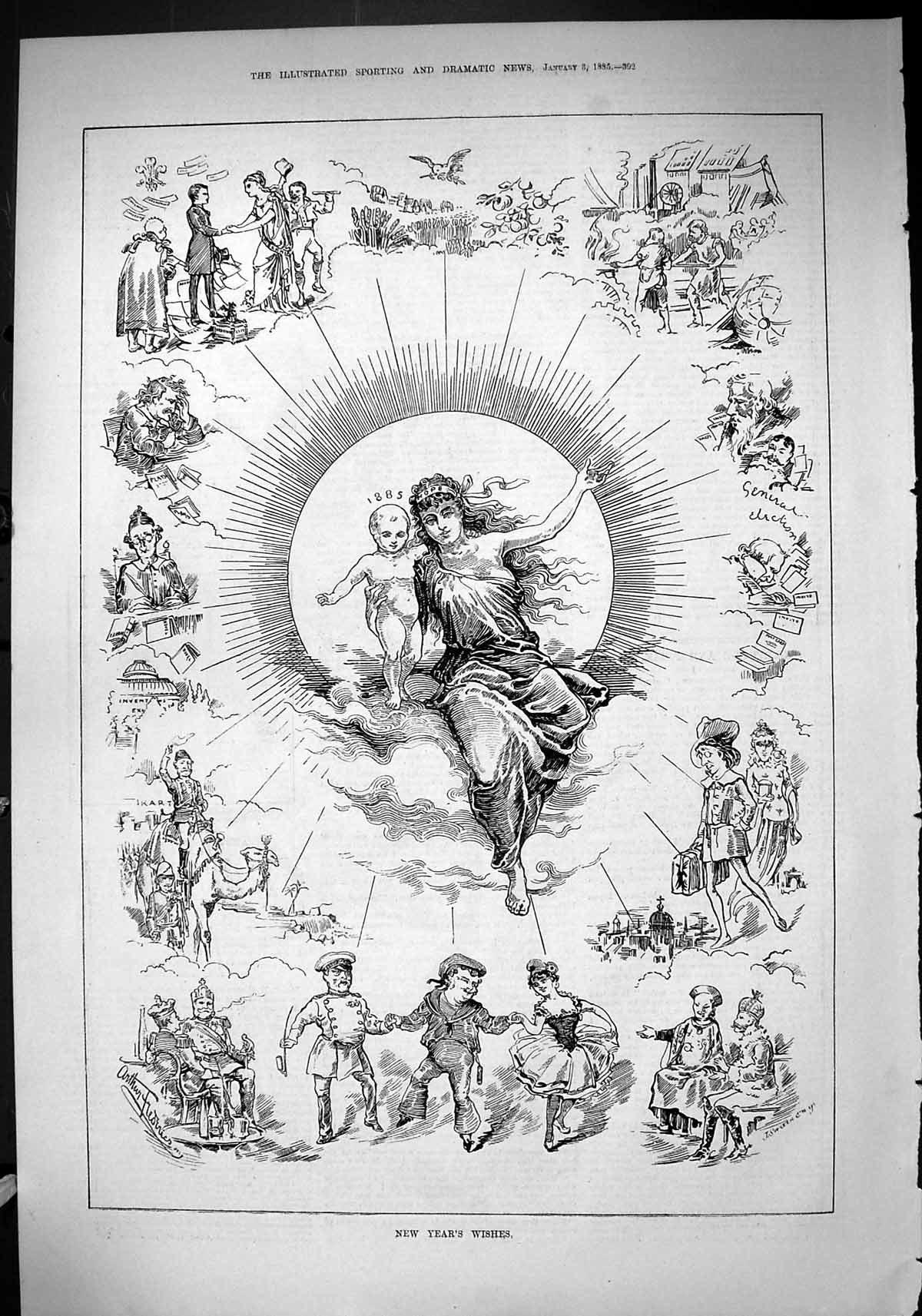 Original Old Antique Print 1885 New Years Wishes Dreams Camel Sailors Industry