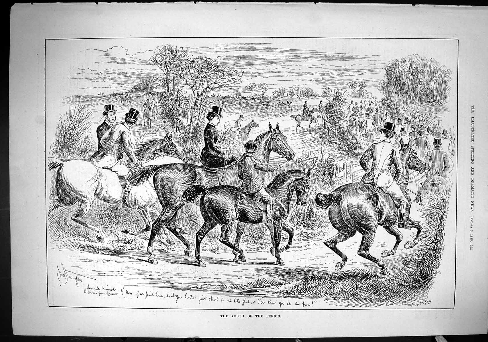 Original Old Antique Print 1885 Hunting Youth Horses Sport Huntsmen Countryside