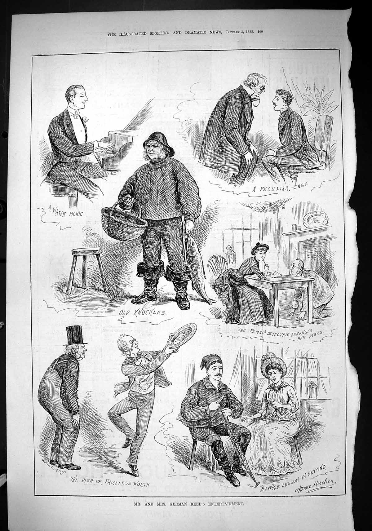 Old Antique Print 1885 Mr Mrs German Reed Entertainment Fisherman Netting 19th