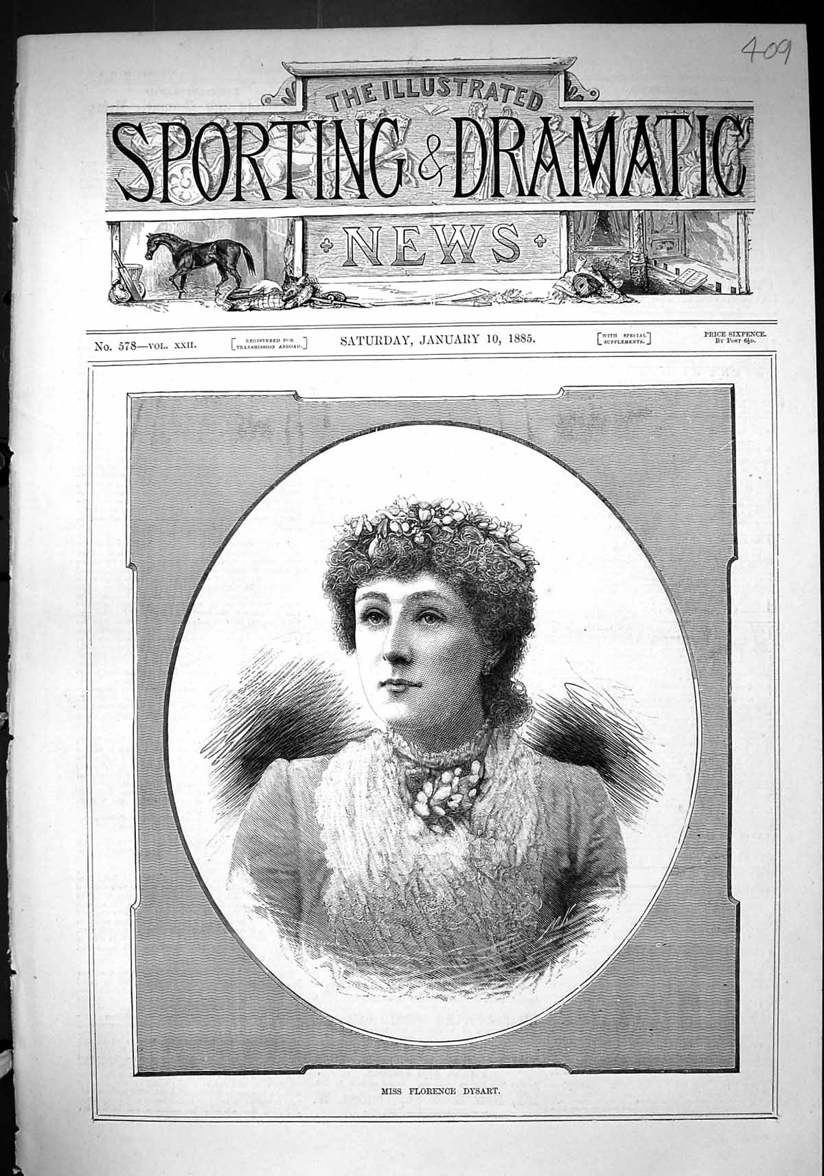 Original Old Antique Print 1885 Portrait Miss Florence Dysart Beautiful Woman
