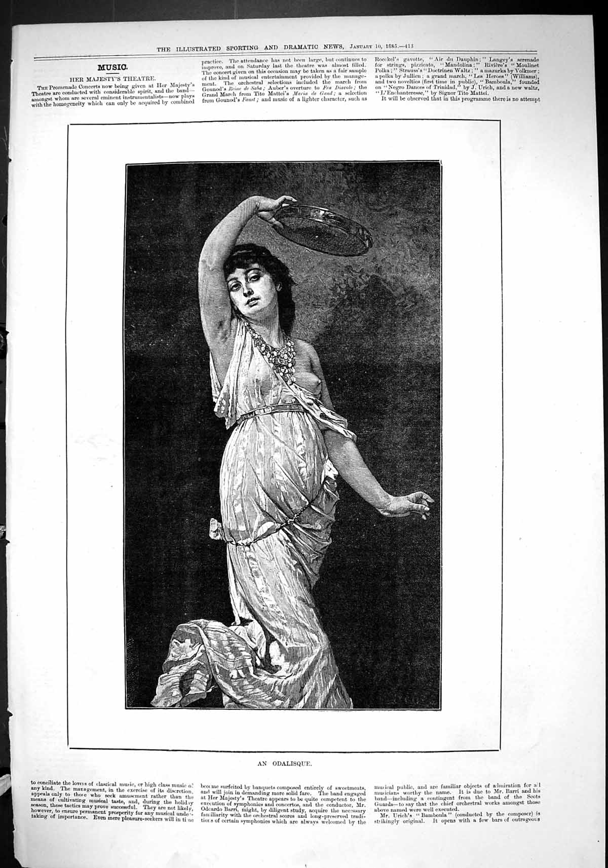 Old Print 1885 Odalisque Majesty'S Theatre Actress Beautiful Woman Music 19th