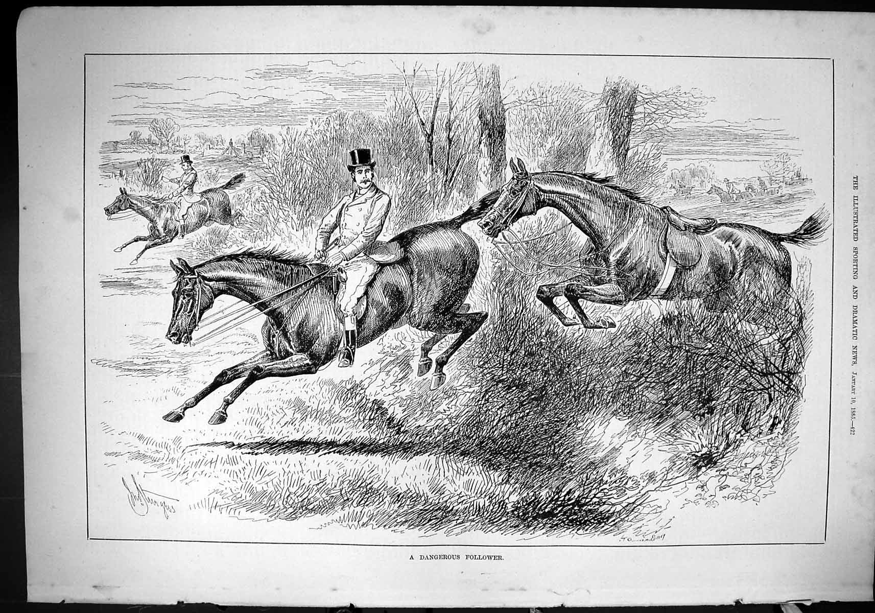 Antique Old Print 1885 Dangerous Follower Hunting Horses Jumping Hedge Swain