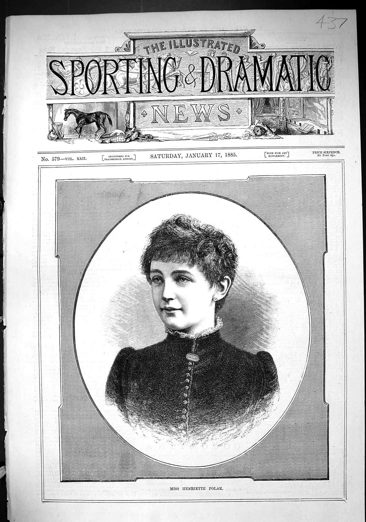 Original Old Antique Print 1885 Portrait Miss Henriette Polak Beautiful Woman
