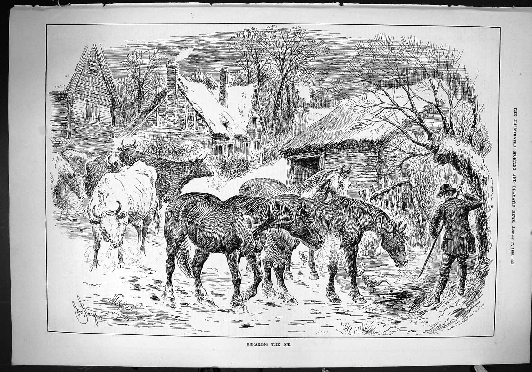 Antique Old Print 1885 Breaking Ice Horses Cattle Frozen River Farm Buildings