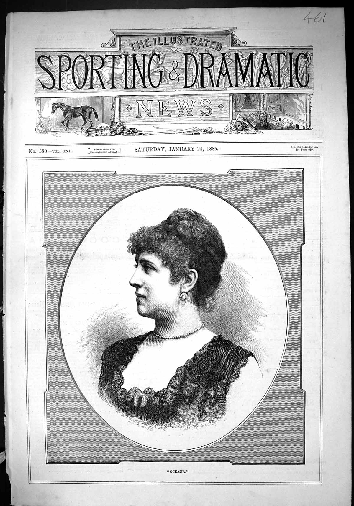 Original Old Antique Print 1885 Portrait Oceana Beautiful Lady Woman Victorian