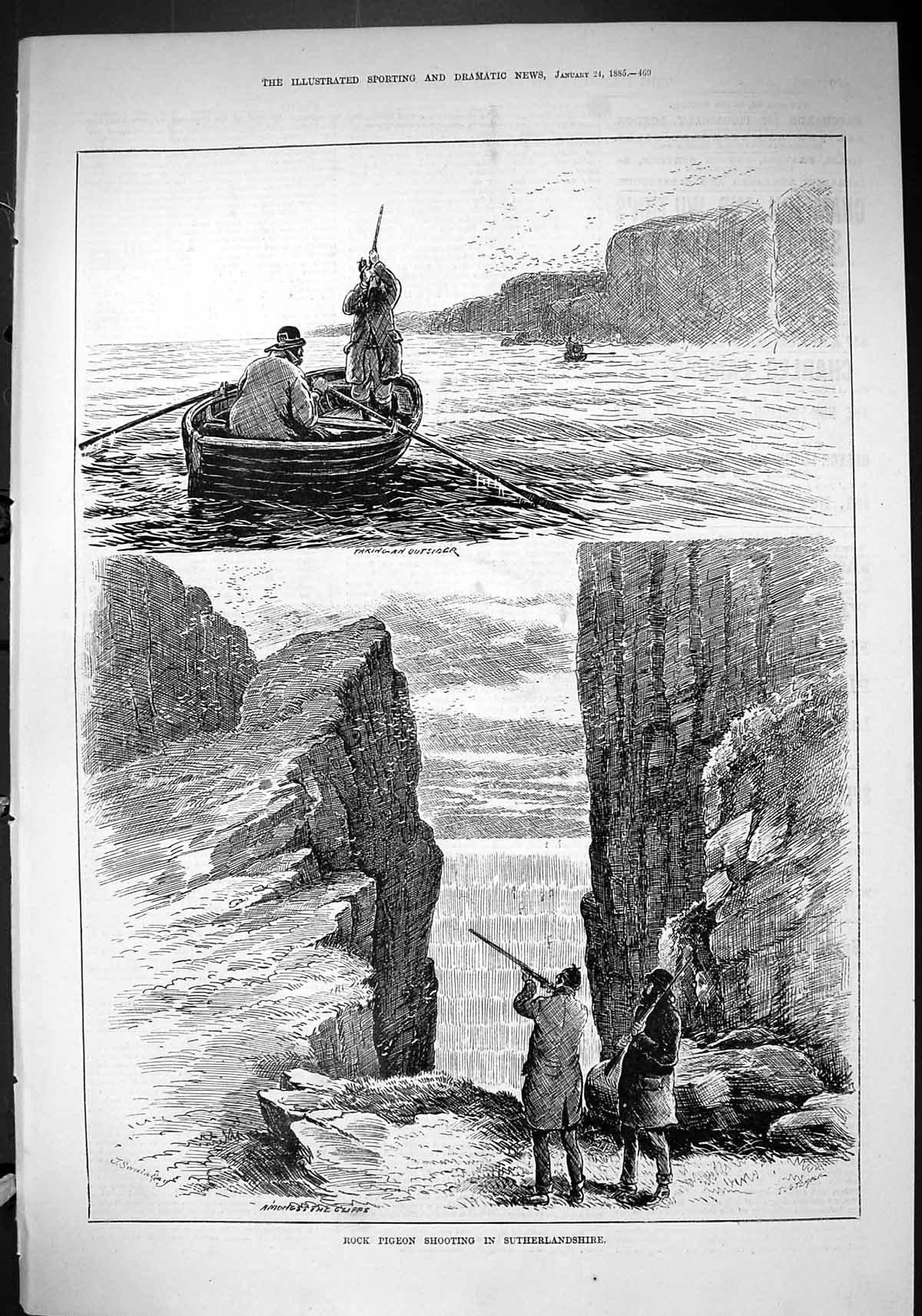 Old 1885 Rock Pigeon Shooting Sutherlandshire Scotland Cliffs Boat Sp Victorian