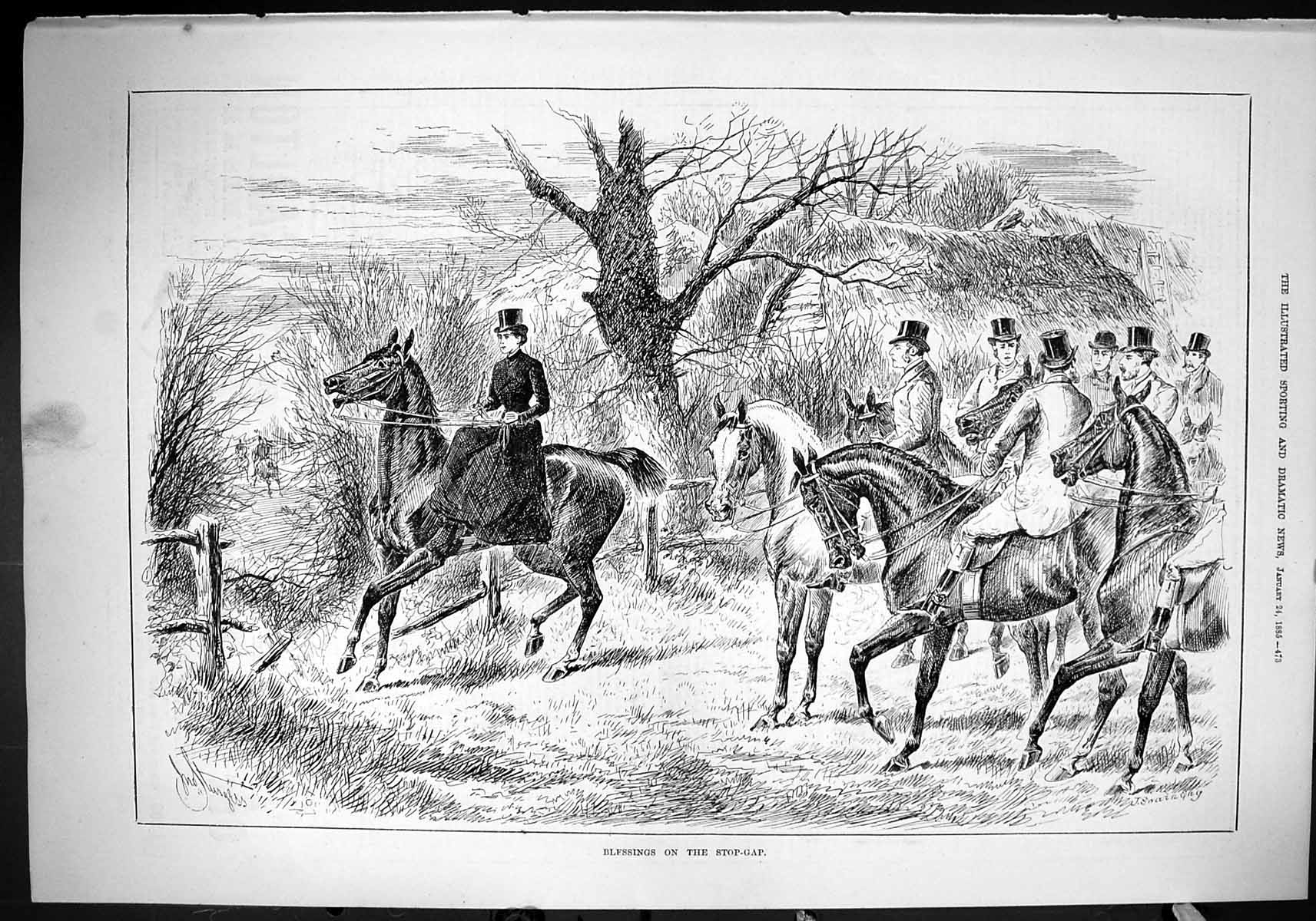 Antique Old Print 1885 Blessing Stop-Gap Horses Hunting Ladies Huntsmen Sport