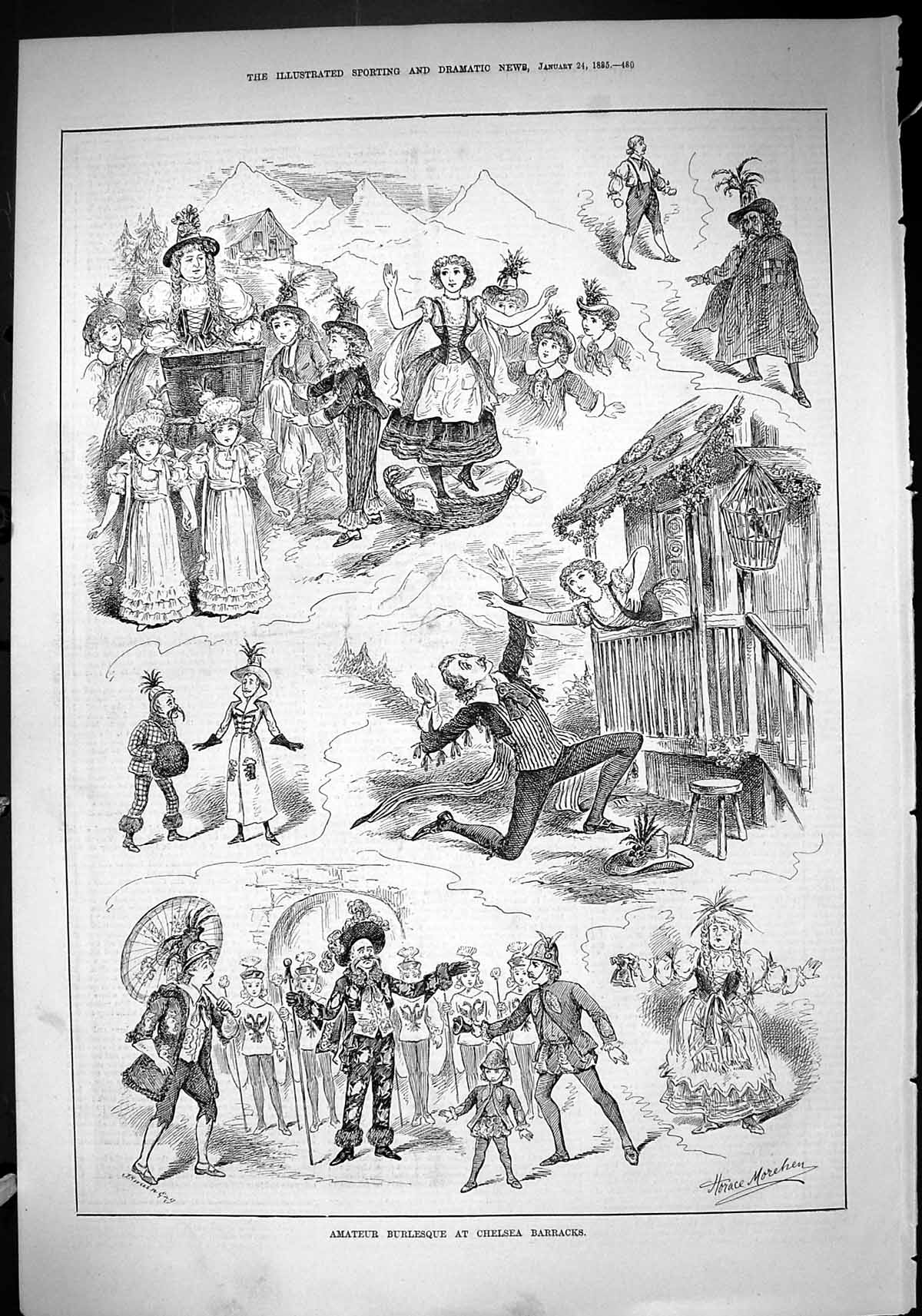 Old Antique Print 1885 Amateur Burlesque Chelsea Barracks Theatre Actors 19th