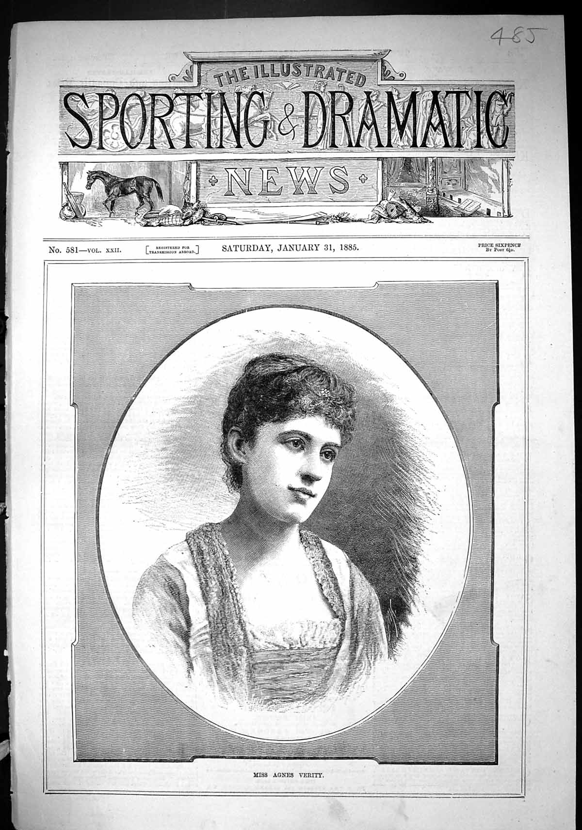 Original Old Antique Print 1885 Portrait Miss Agnes Verity Beautiful Woman 19th