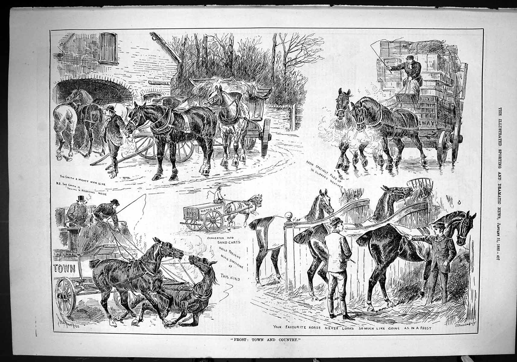 Original Old Antique Print 1885 Frost Winter Scene Horses Stables Transport