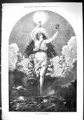 Original Old Antique Print 1885 Genius Progress Lady Lightblub Cherub Victorian