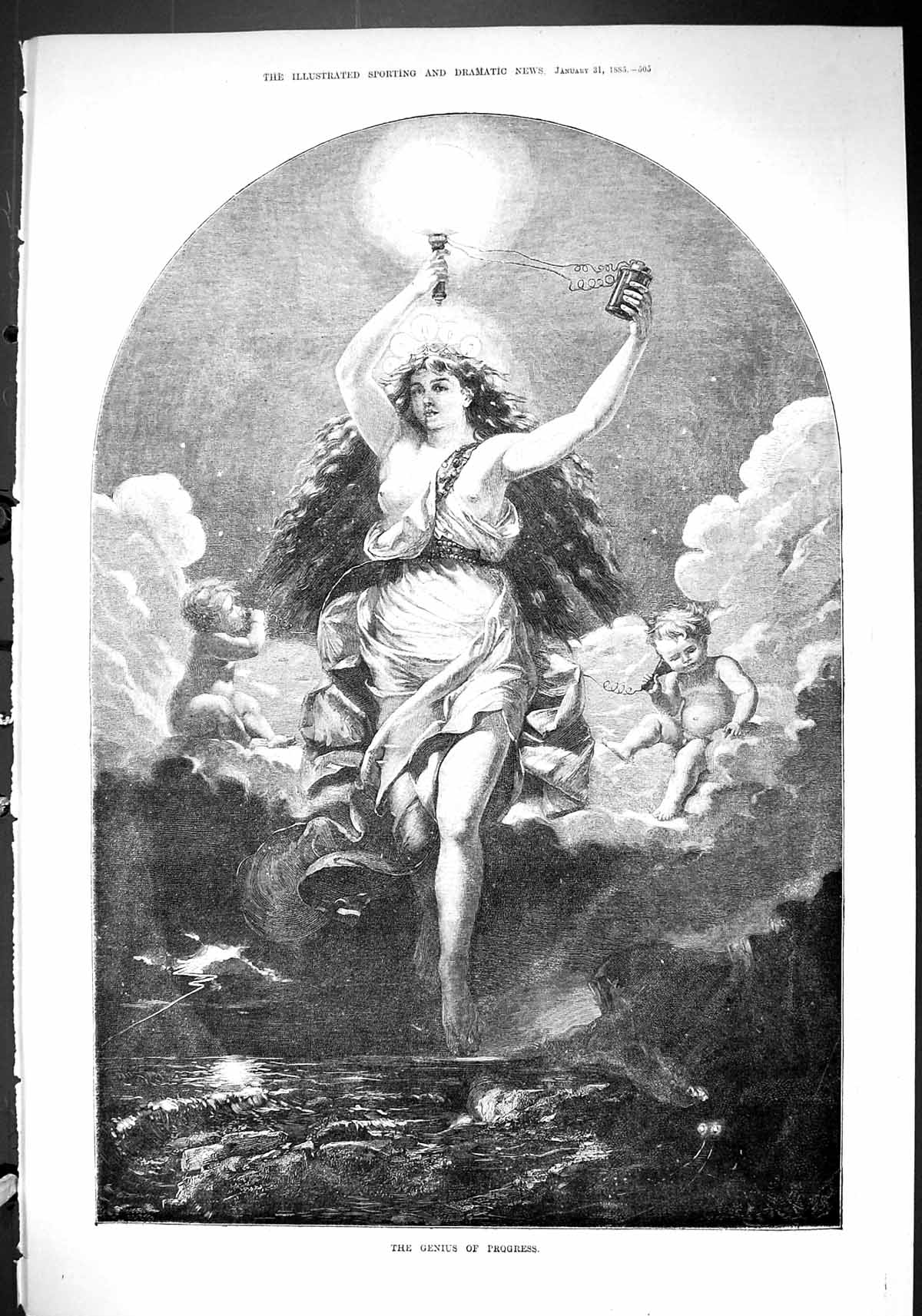 Original Old Antique Print 1885 Genius Progress Lady Lightblub Cherub Victorian