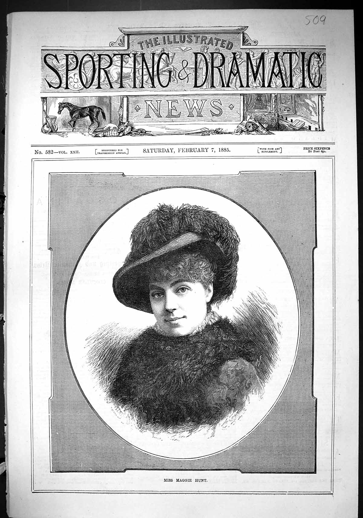 Original Old Antique Print 1885 Portrait Miss Maggie Hunt Beautiful Woman 19th
