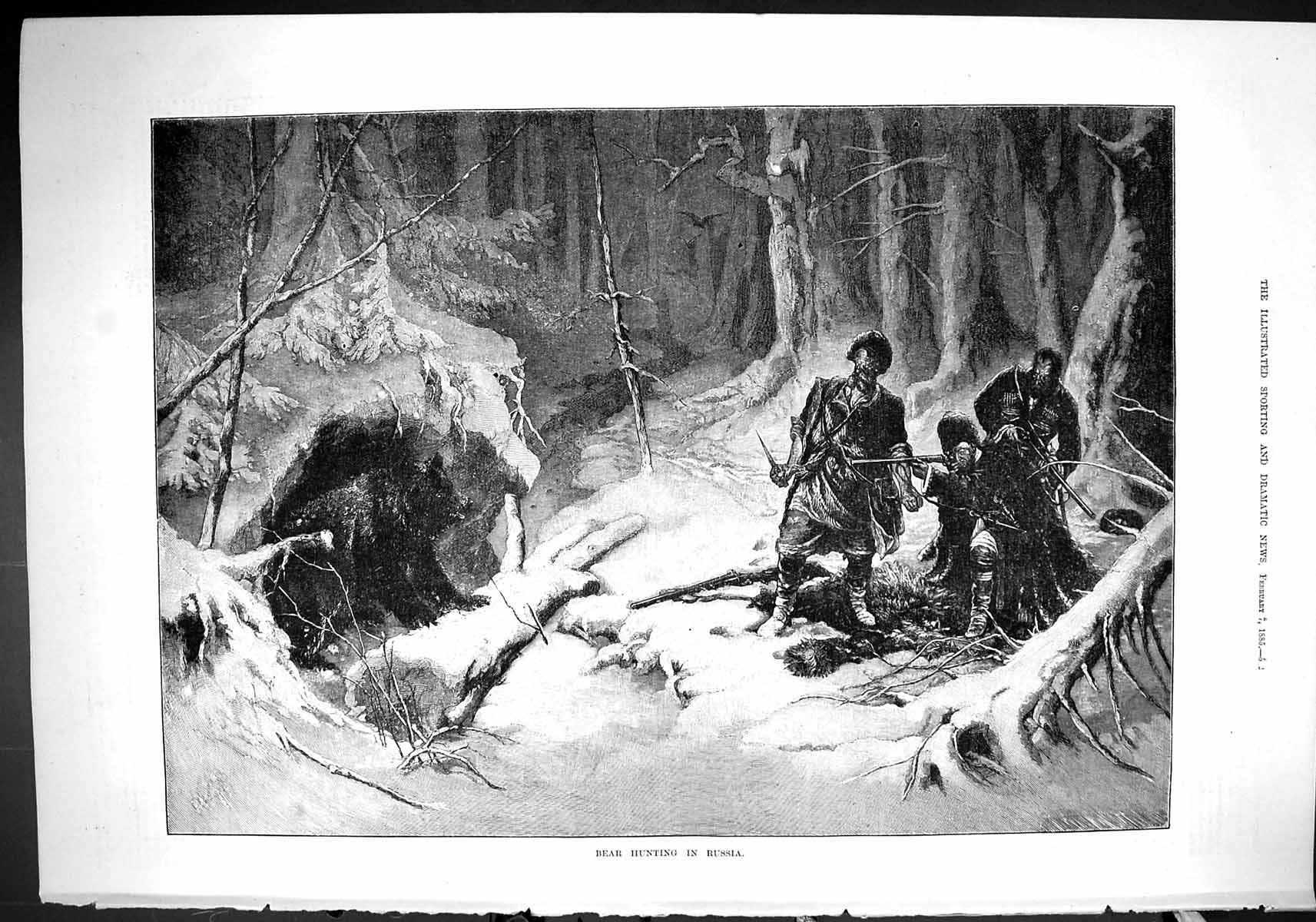 Original Old Antique Print 1885 Bear Hunting Russia Sport Huntsmen Woods 19th