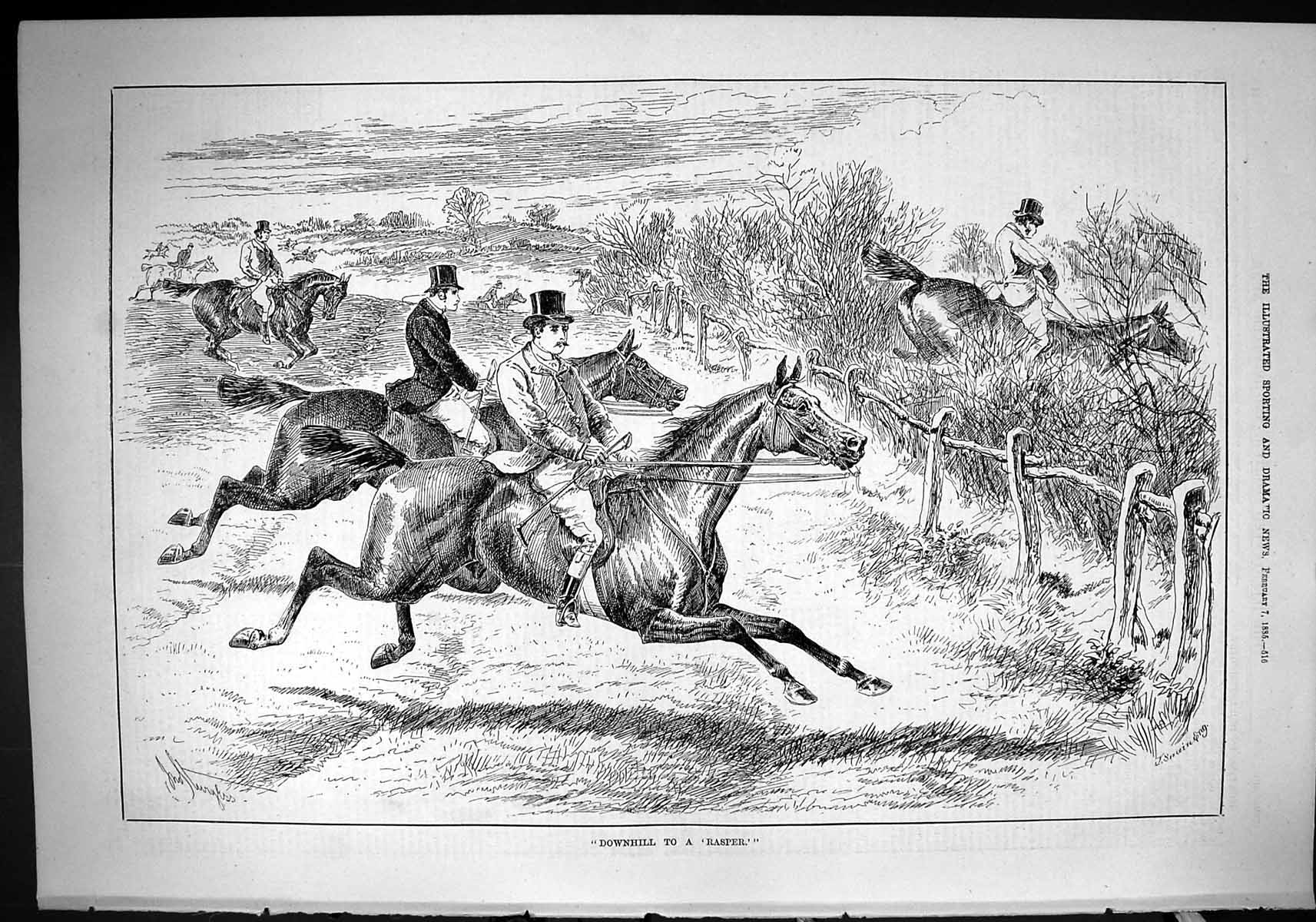 Old Antique Print 1885 Hunting Sport Horses Jumping Hedge Huntsmen Swain 19th