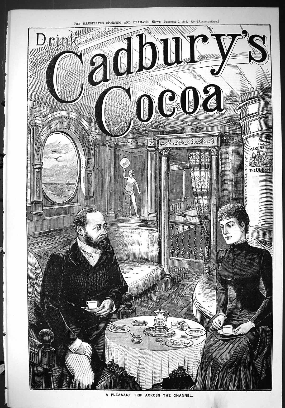 Antique Old Print 1885 Cadbury'S Drink Cocoa Essence Man Lady Channel Ship 19th