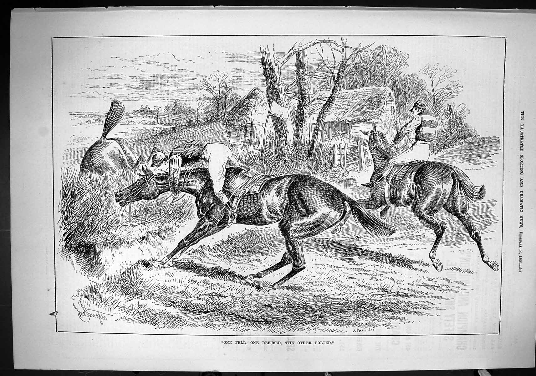 Original Old Antique Print 1885 Horses Jockeys Training Countryside Sport 19th
