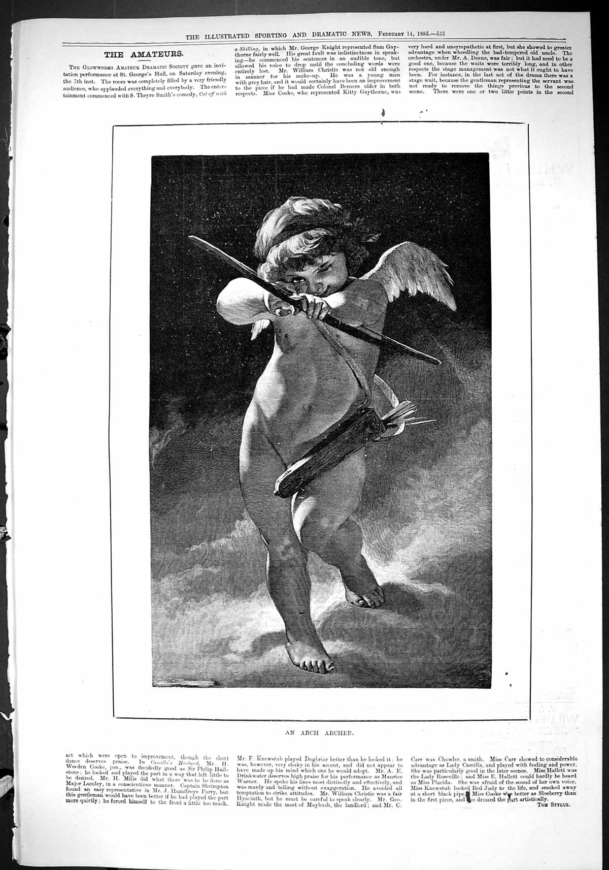 Original Old Antique Print 1885 Arch Archer Bow Arrow Angel 19th