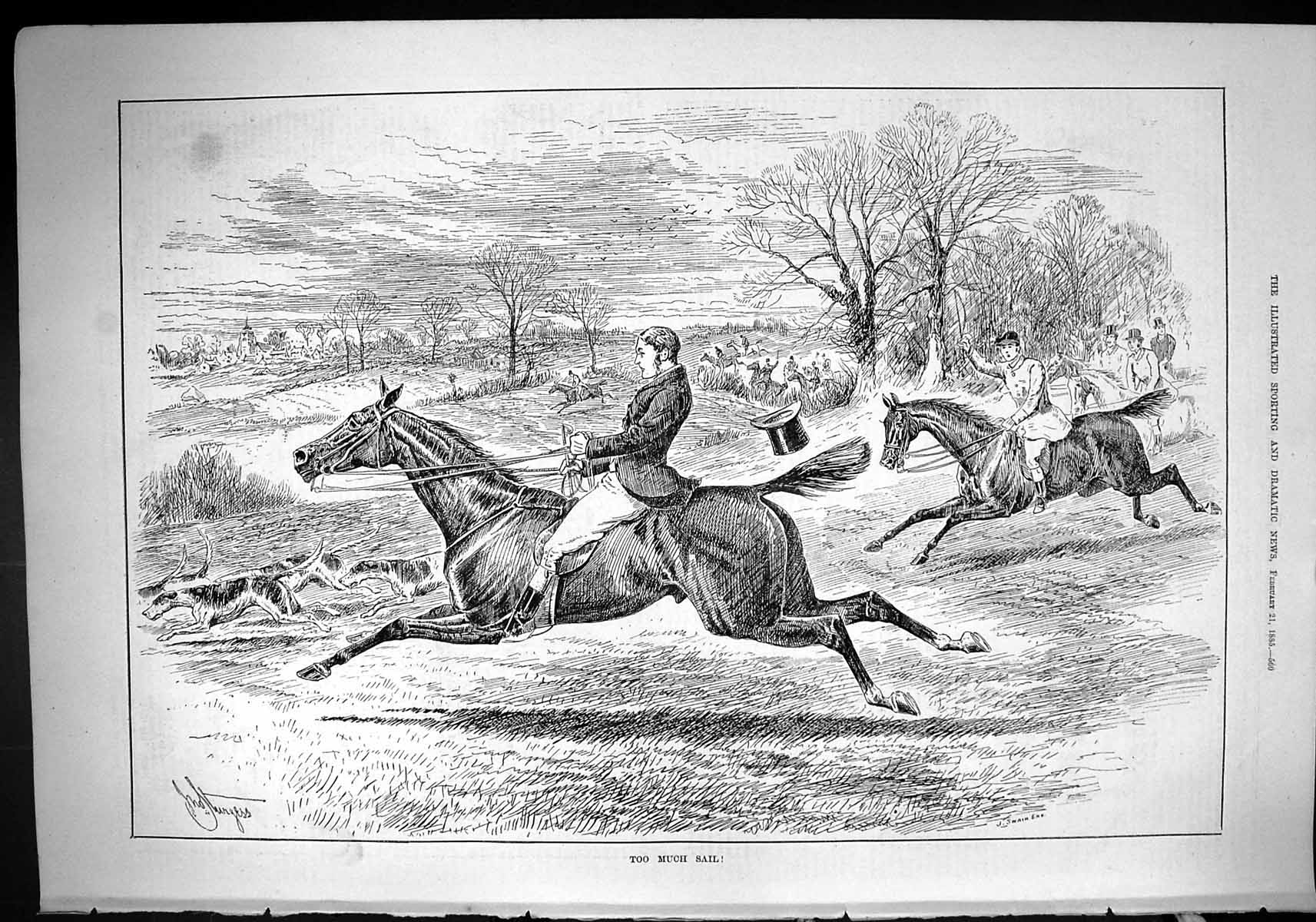 Old Antique Print 1885 Horses Hunting Hounds Huntsmen Sport Countryside 19th