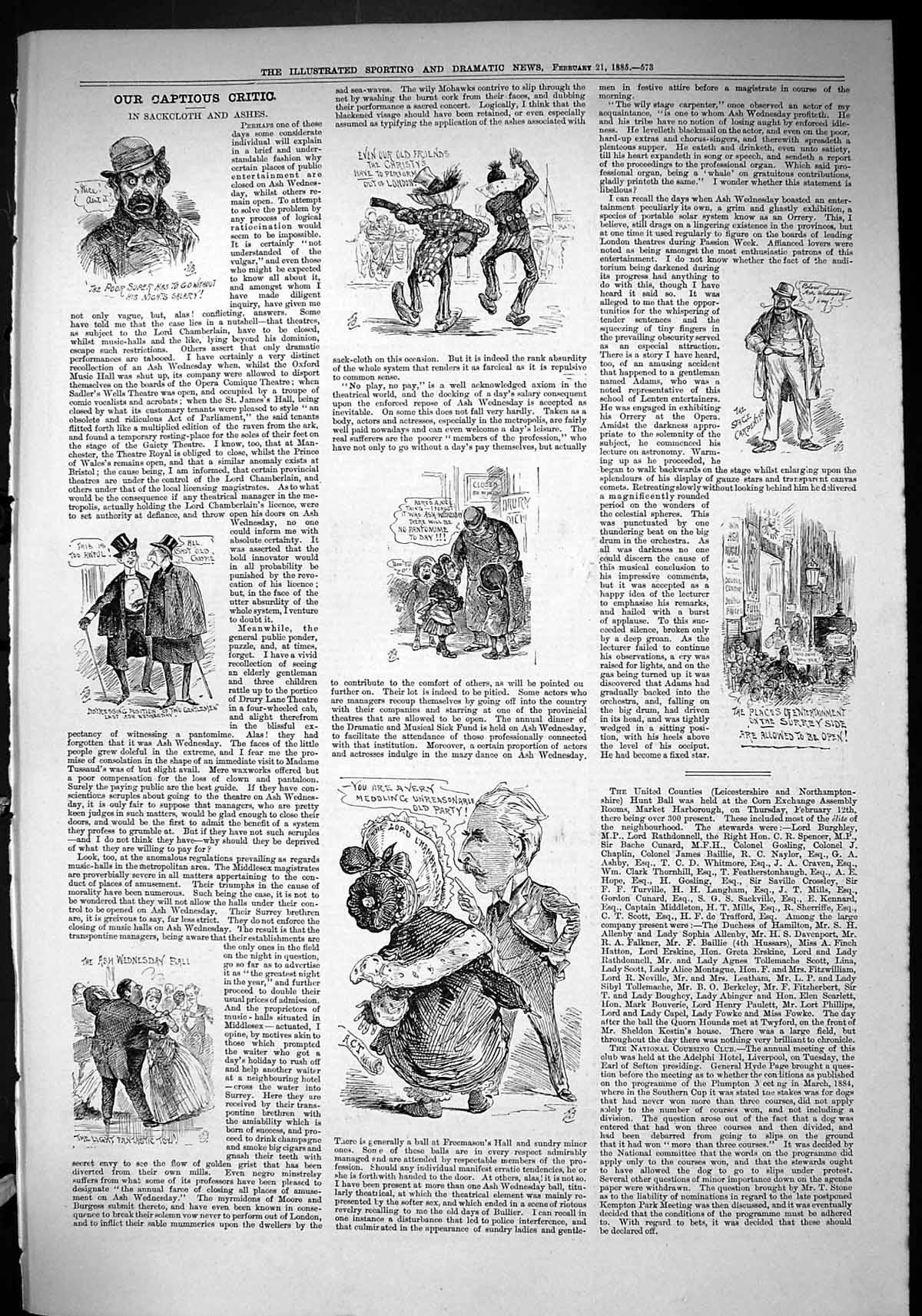 Original Old Antique Print 1885 Captious Critic Sackcloth Ashes Theatre 19th
