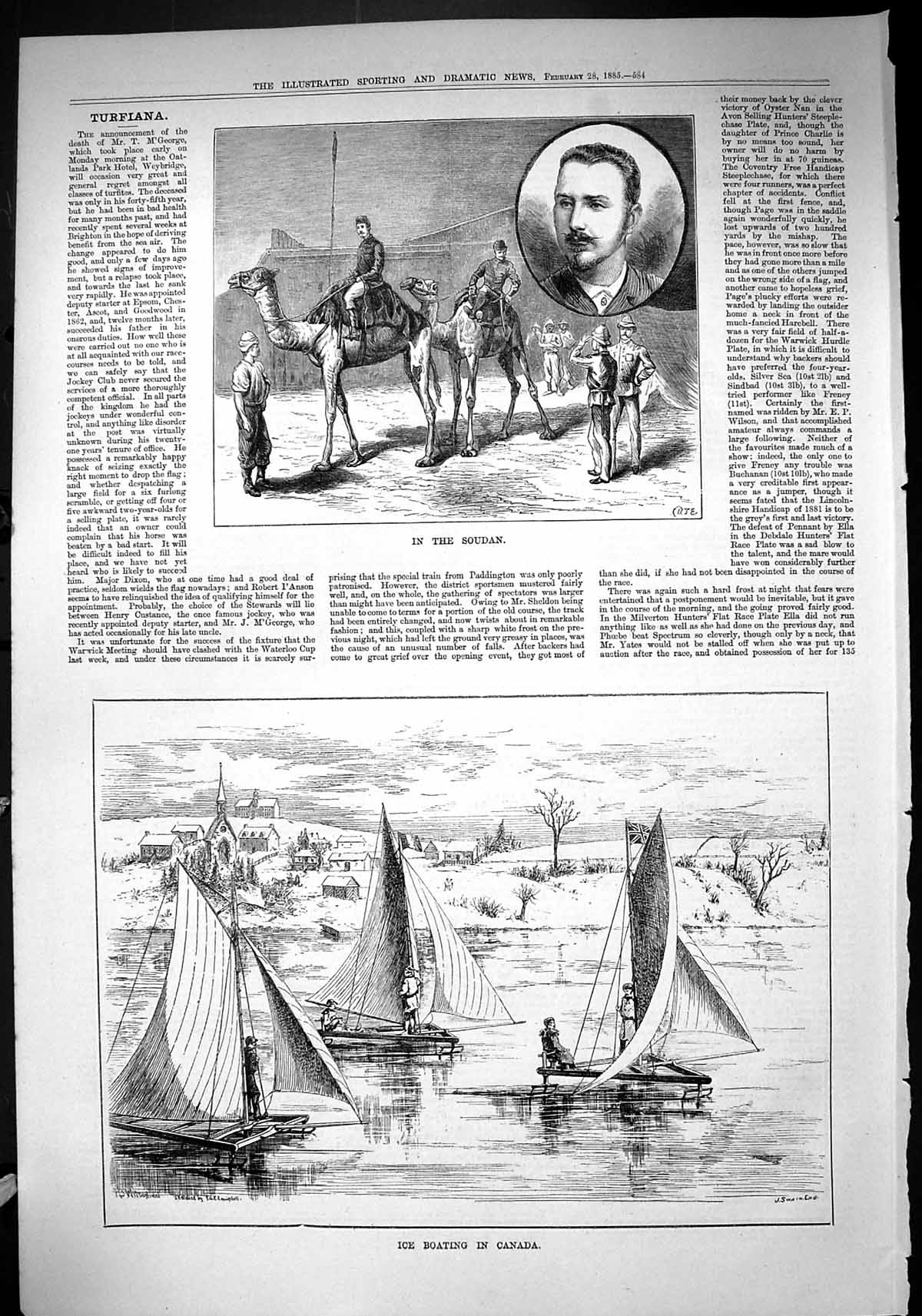 Antique Print 1885 Soudan War Camels Officer Ice Boating Canada Sport Swain