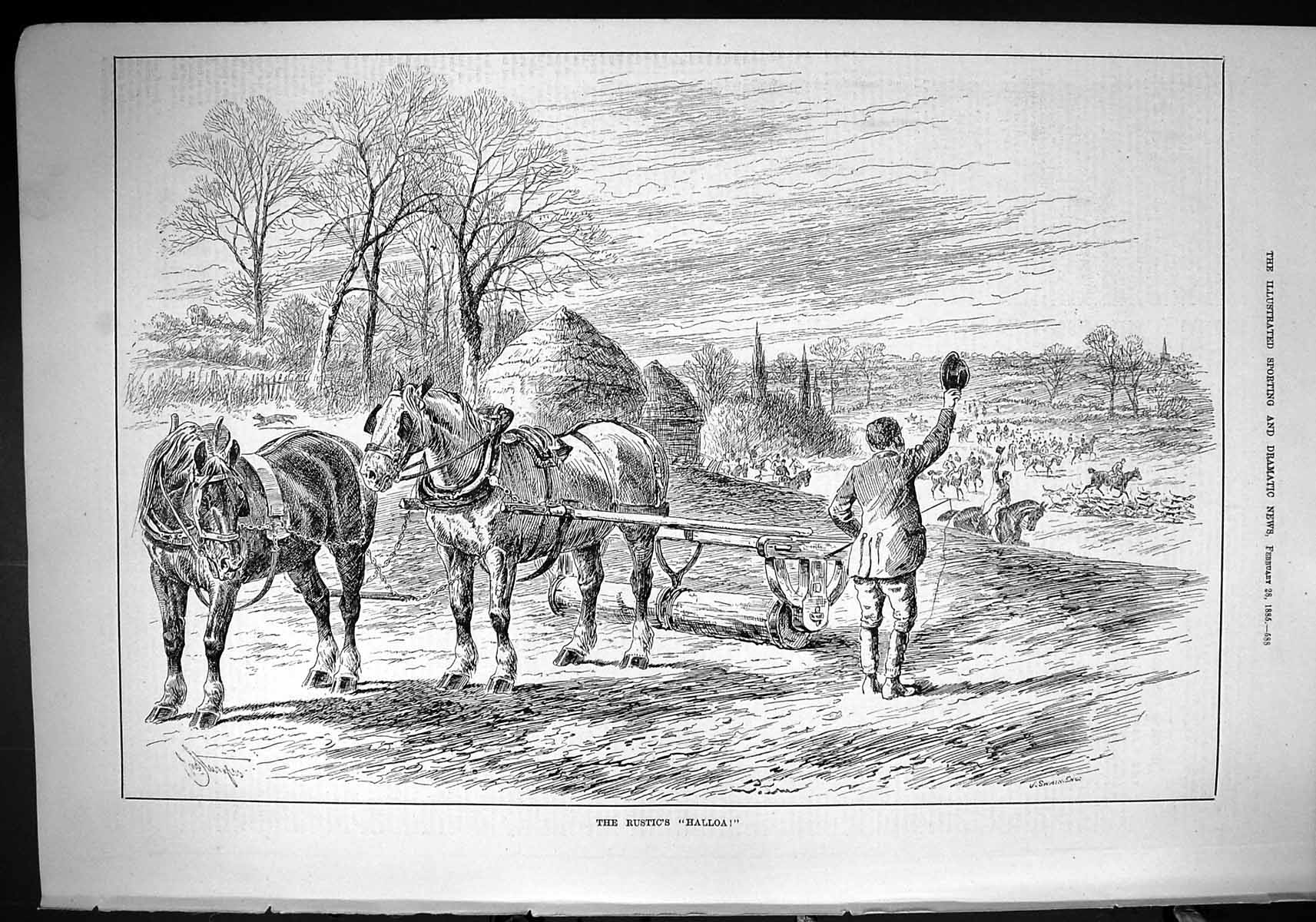 Old 1885 Rustic Halloa Agriculture Farming Horses Hunting Sport Hunts Victorian